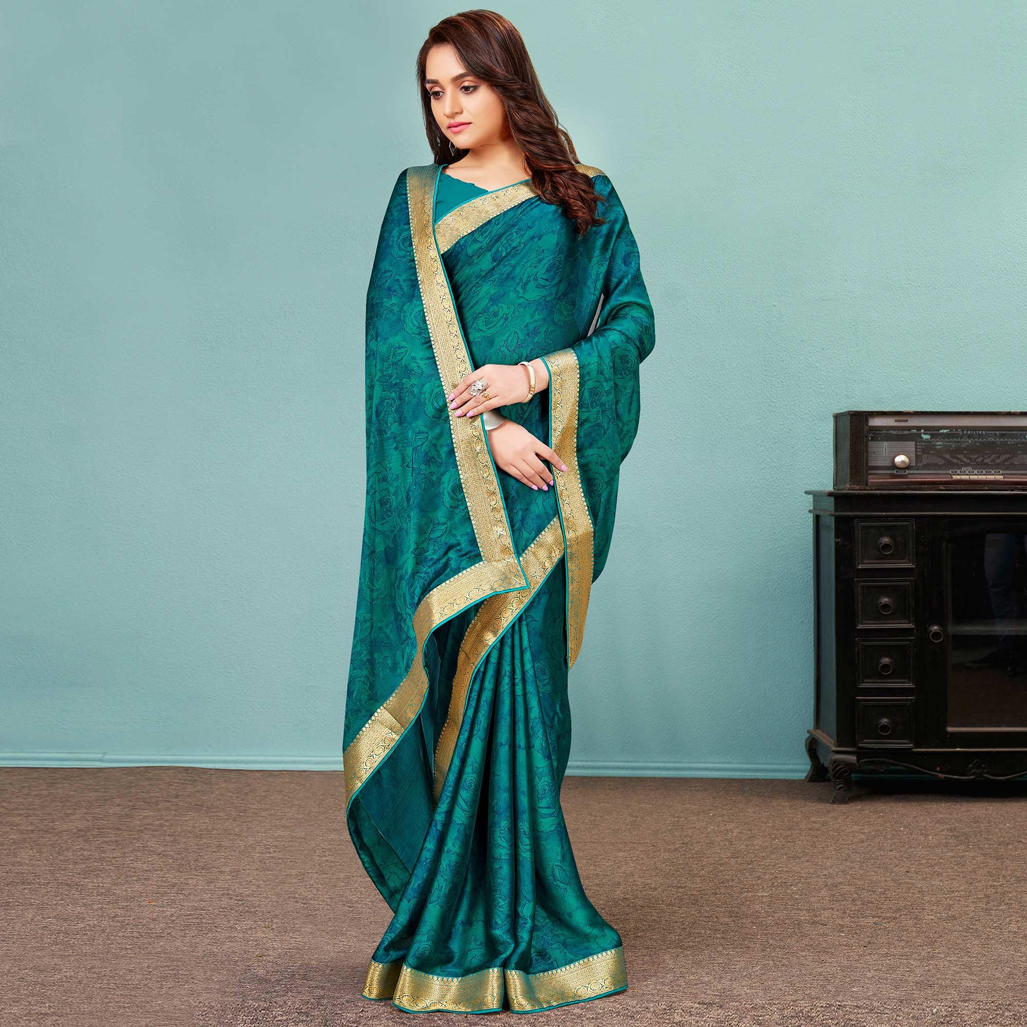 Green sarees – BlackTree green-casual-wear-printed-chiffon-saree-with-banarasi-lace-136860