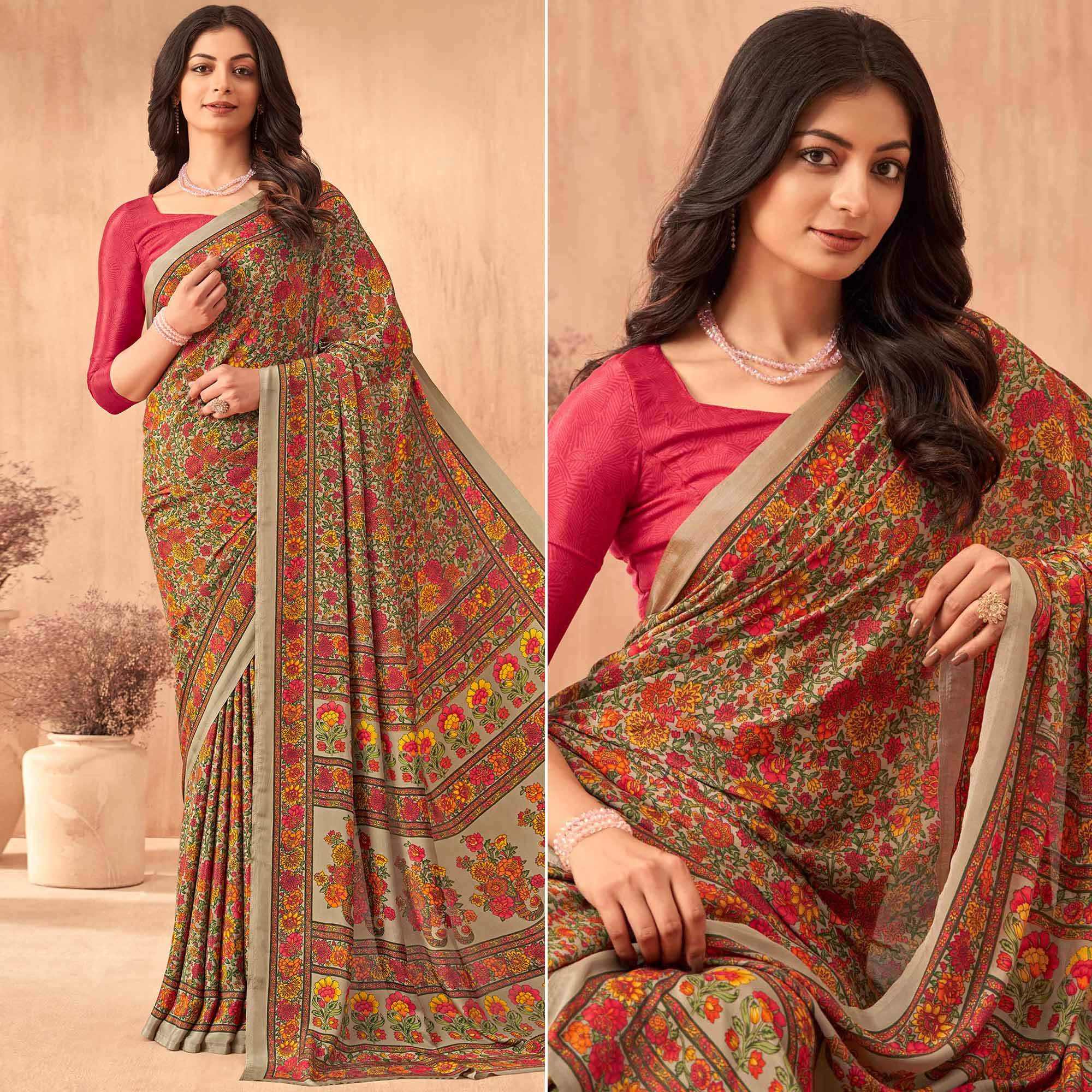 Peachmode Multicolor Floral Printed Crepe Saree
