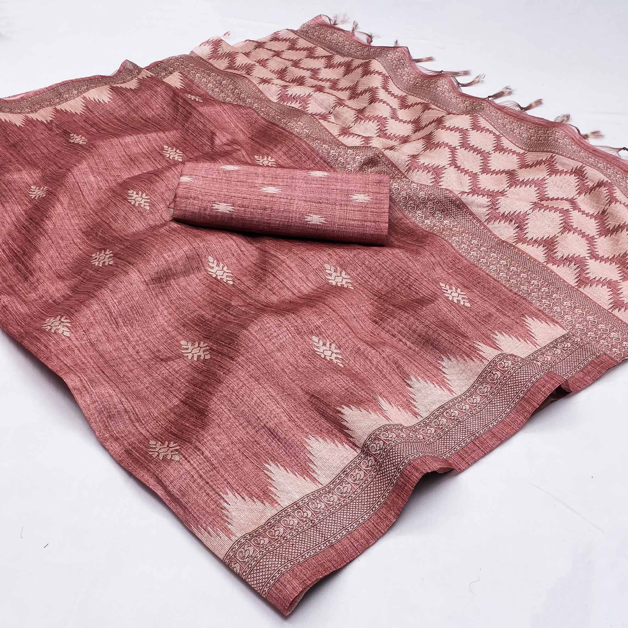 Peachmode Dusty Pink Printed Tussar Silk Saree With Tassels