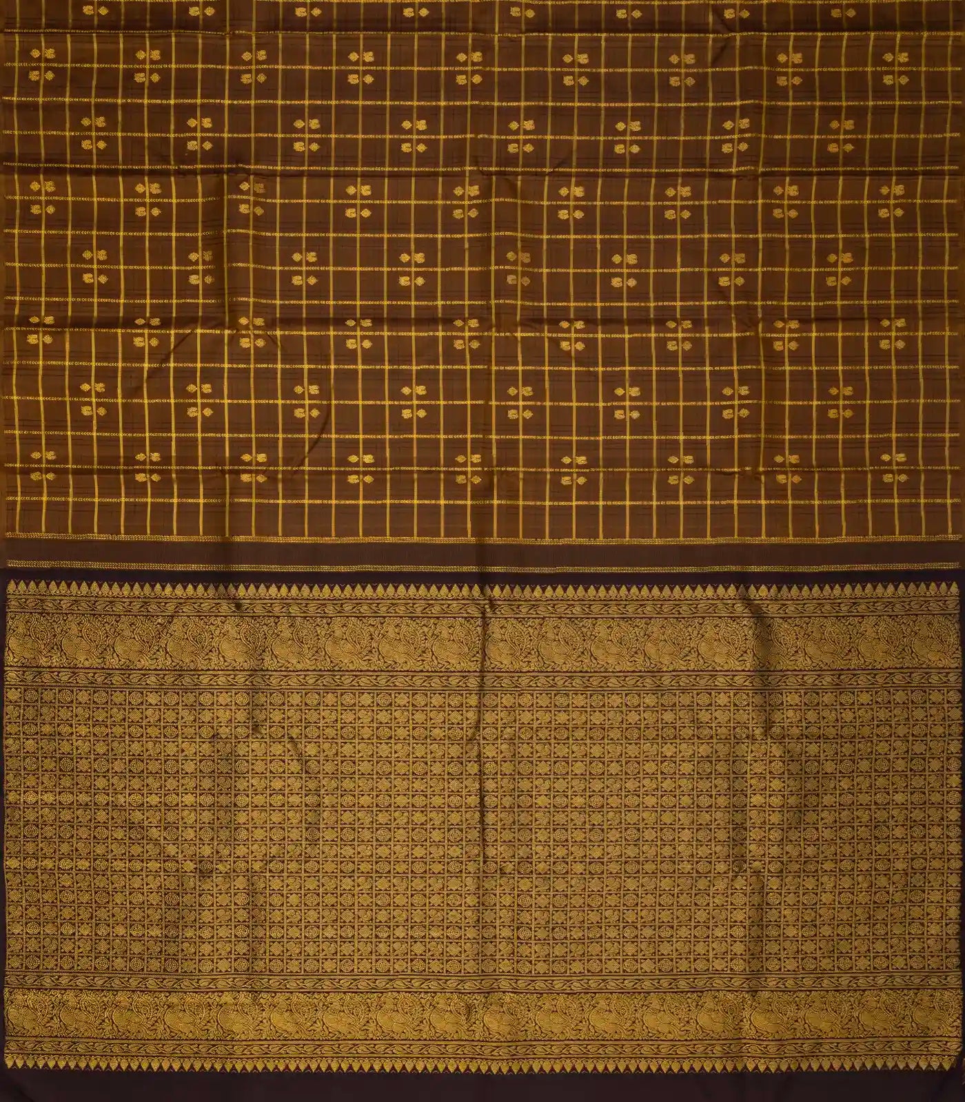 RmKV Dark Olive Handloom Kanchipuram Silk Saree With Checks & Buttas - view 2