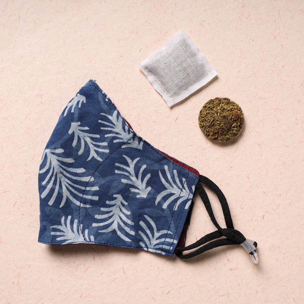 JALPARI Bagru Block Print Cotton 3 Layer Snug Fit Face Cover with Herb Pocket