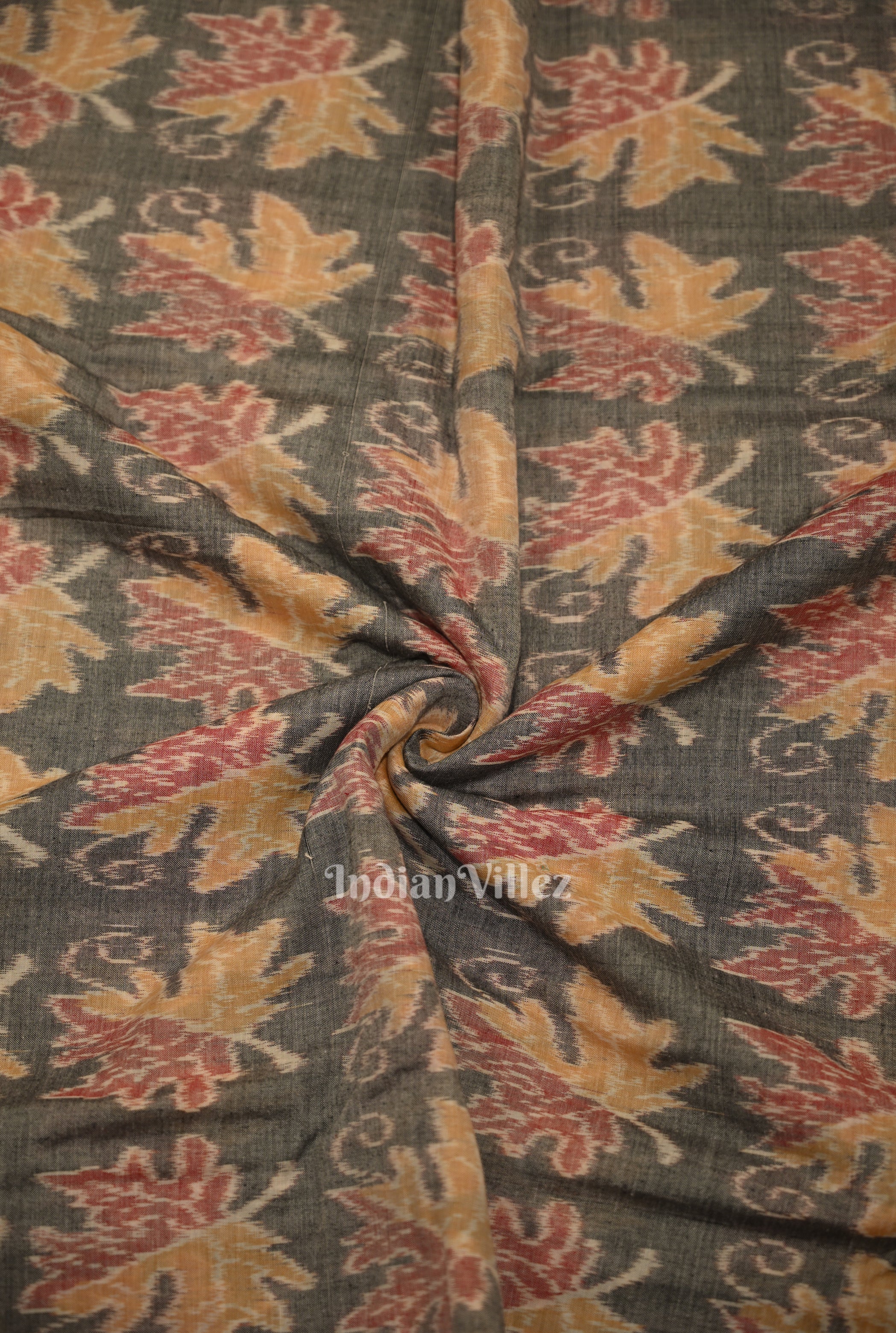 IndianVillèz Ash Gray Autumn Leaves Sambalpuri Odisha Ikat Cotton Fabric