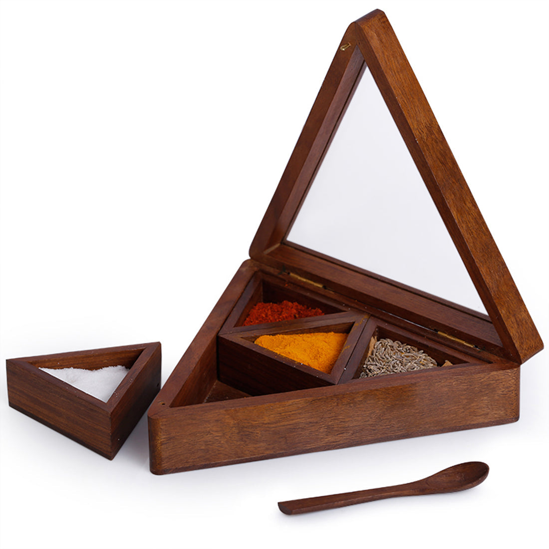 EXCLUSIVELANE Sheesham Wood Pyramid Spice Box With Spoon (4 Containers) - view 2