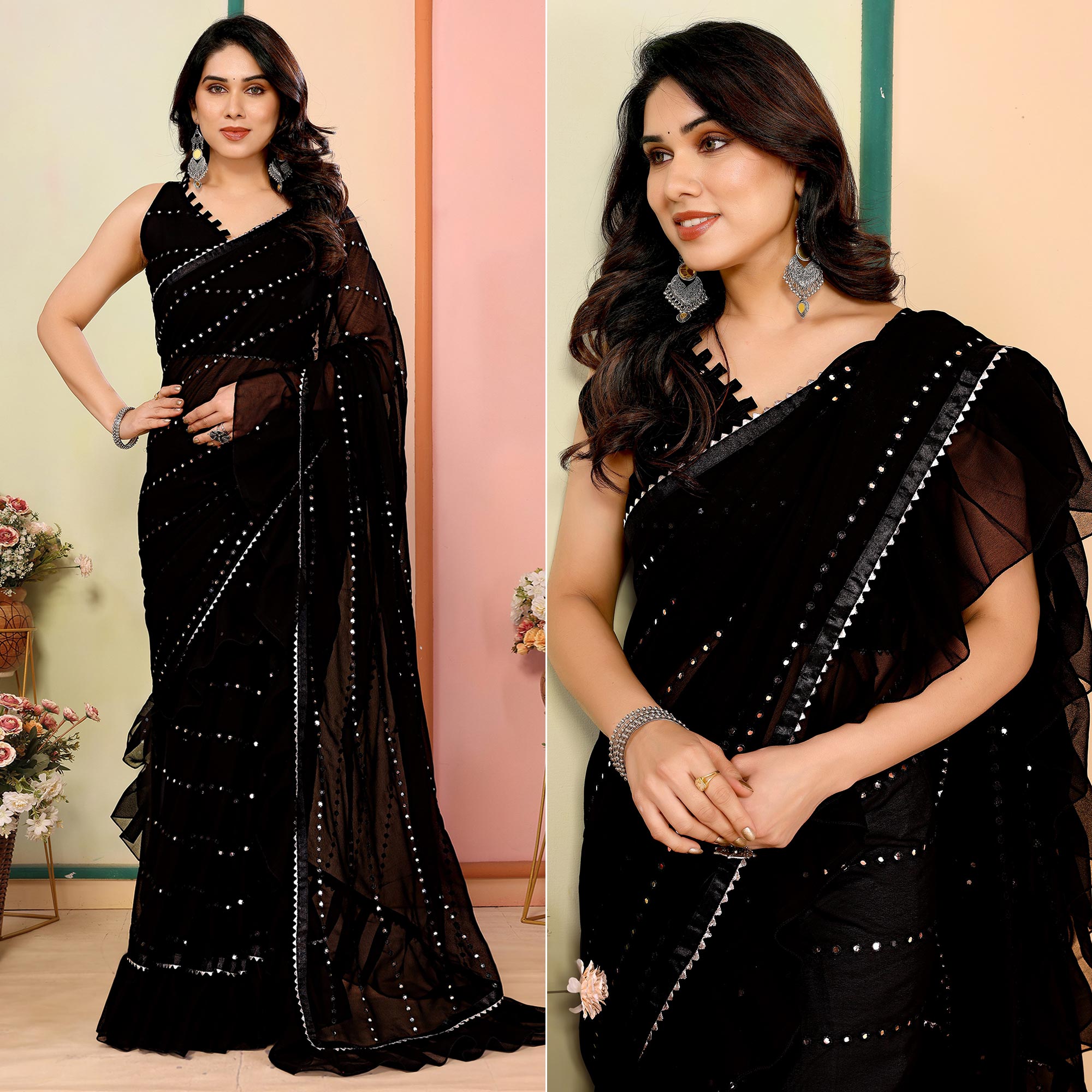 Peachmode Black Mirror Work Embroidered Georgette Saree With Ruffle Border