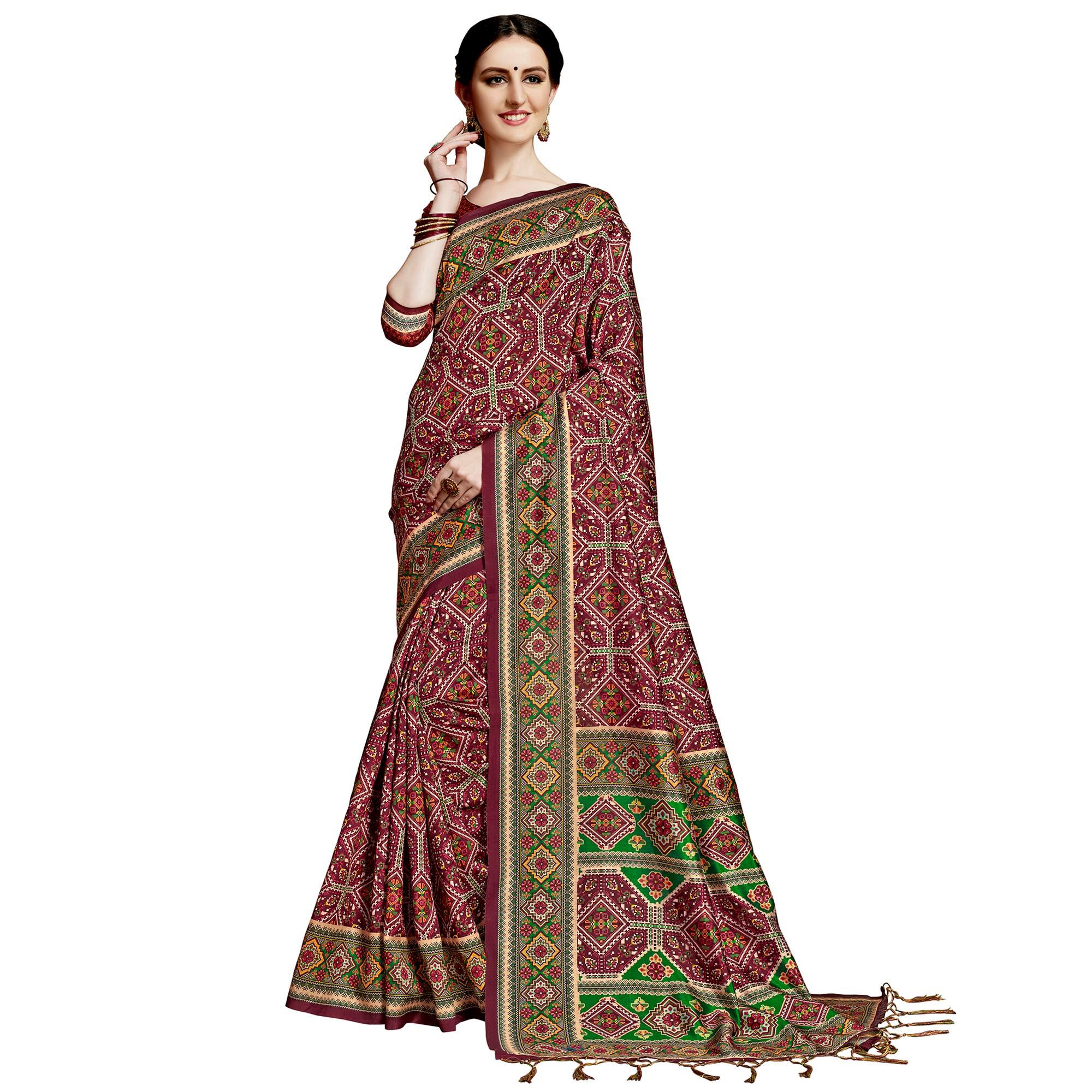 Peachmode Eye-catching Maroon Colored Festive Wear Printed Silk Saree