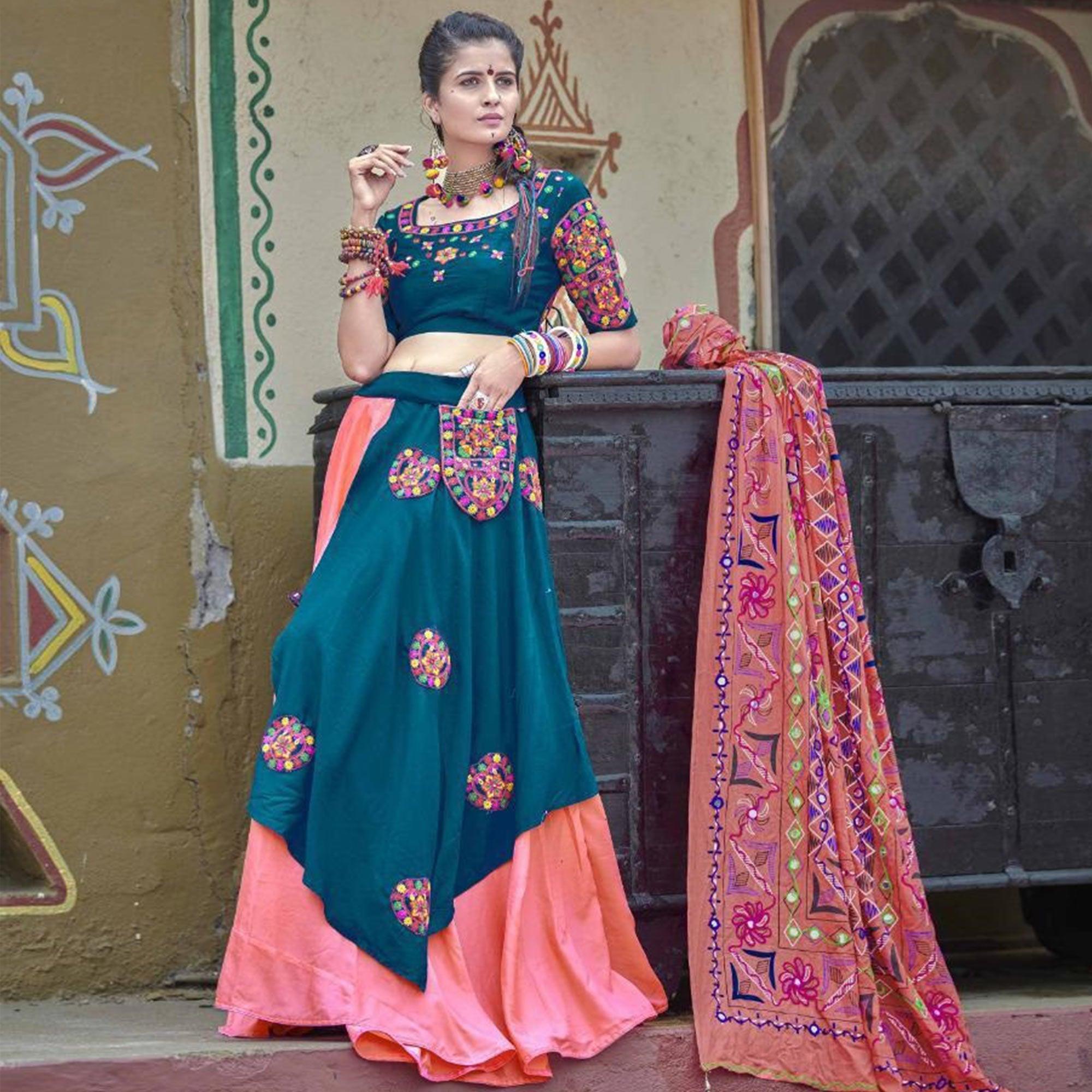Peachmode Classy Teal Blue Colored Party Wear Embroidered Soft Cotton Navratri Lehenga Choli
