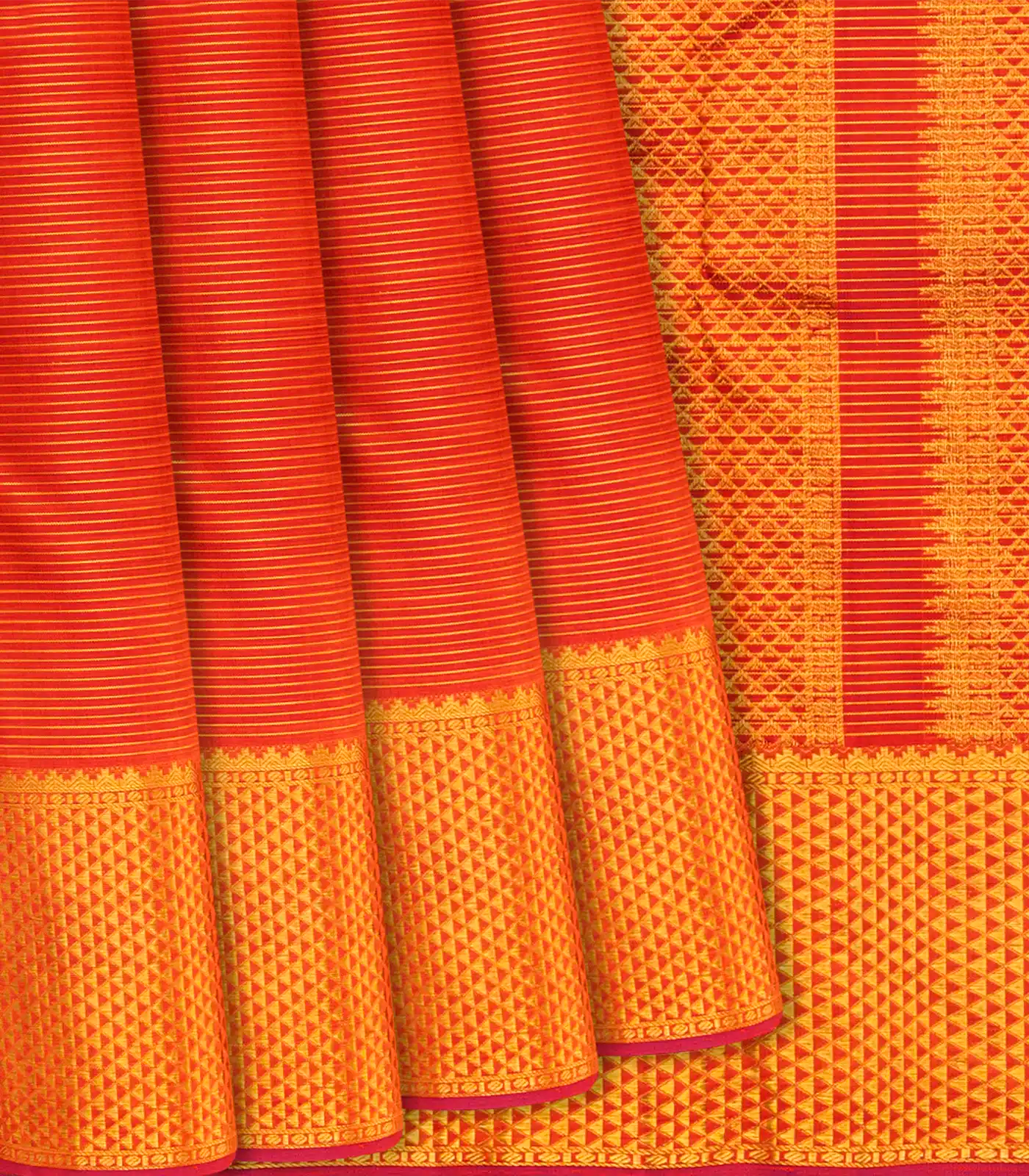 RmKV Orange Handloom Kanchipuram Vairaoosi Silk Saree With Half Diamond Border-Orange