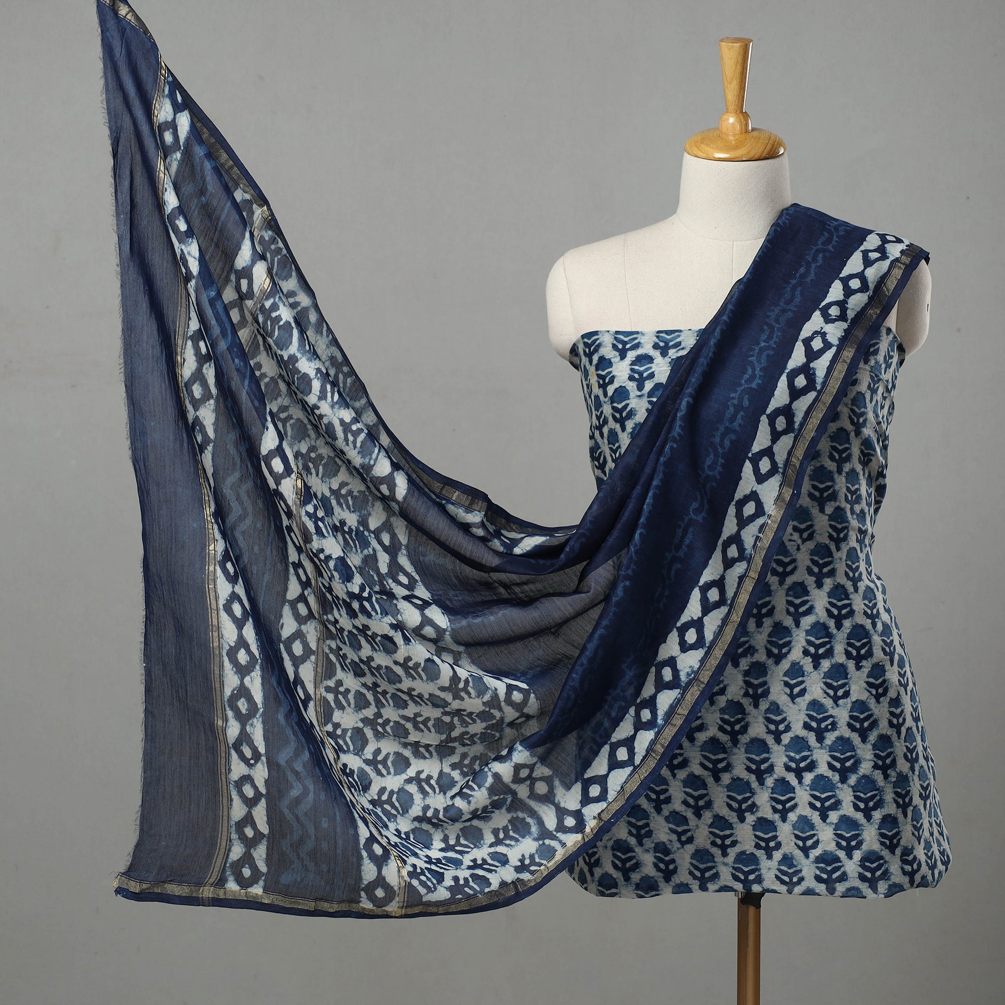 ARTISAN HAND BLOCK PRINTS Blue - 3pc Chanderi Silk Indigo Bagru Print Dress Material 09