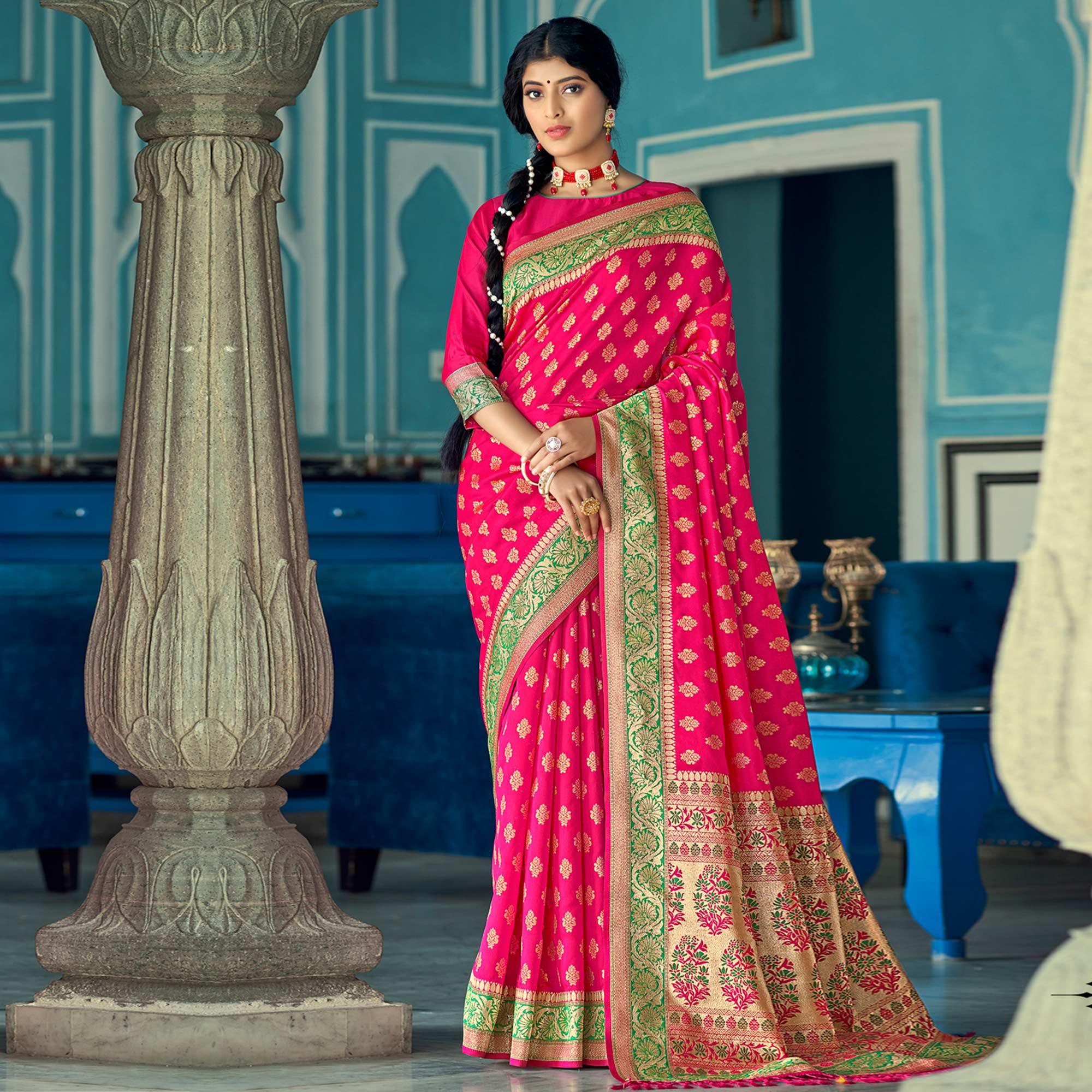 Peachmode Deep Pink Festive Wear Woven Banarasi Silk Saree - view 2