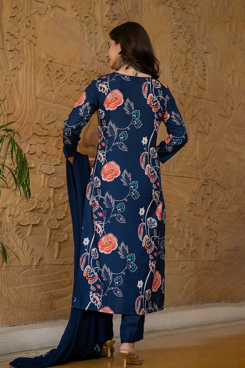Ahika Blue Rayon Blend Floral Printed Straight Suit Set PKSKD2469 - view 2