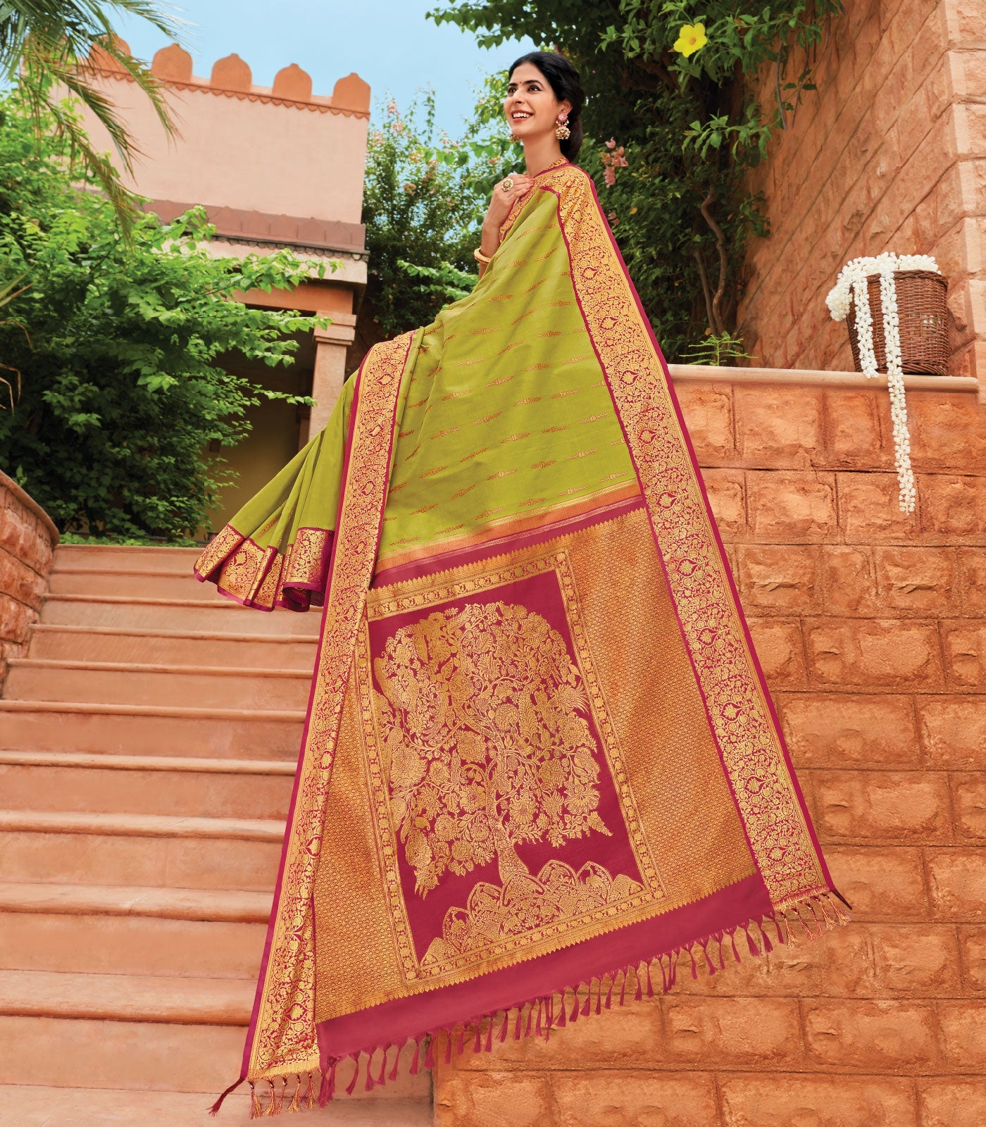 RmKV Pastel Green Handloom Natural Dyed Silk Saree With Tree of Life Pallu