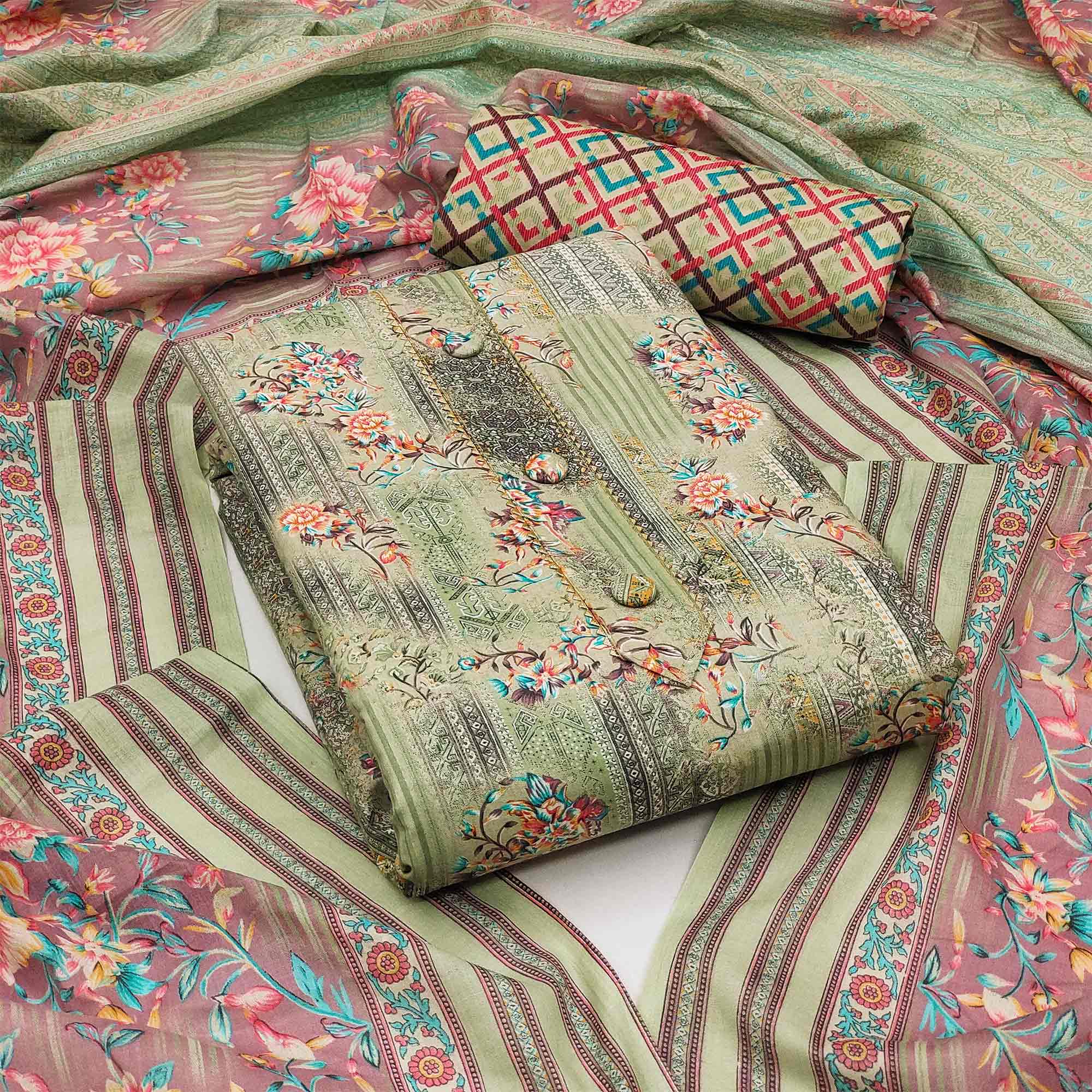 Green dresses – BlackTree green-floral-printed-poly-cotton-dress-material-2