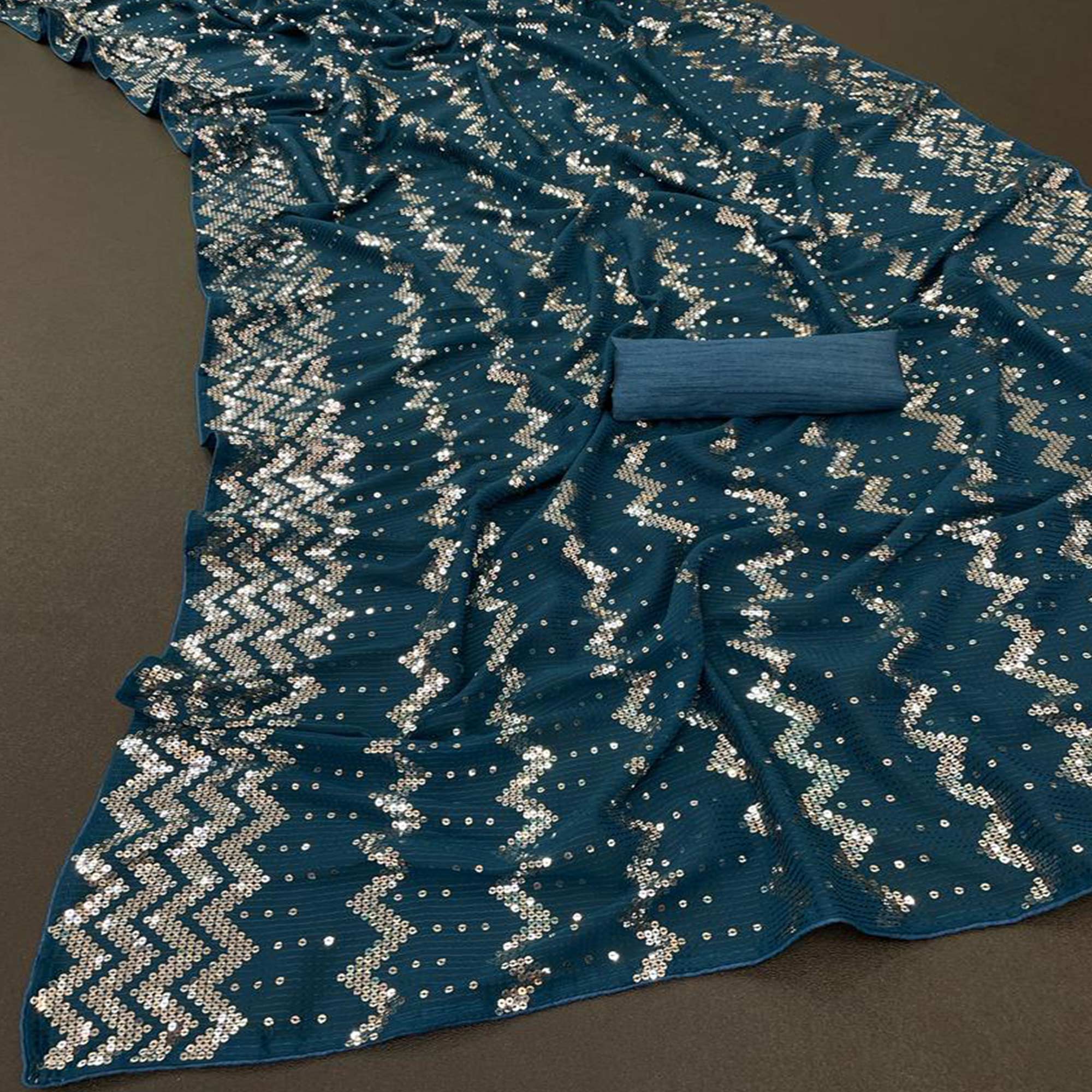 Peachmode Morpich Sequins Embroidered Georgette Saree