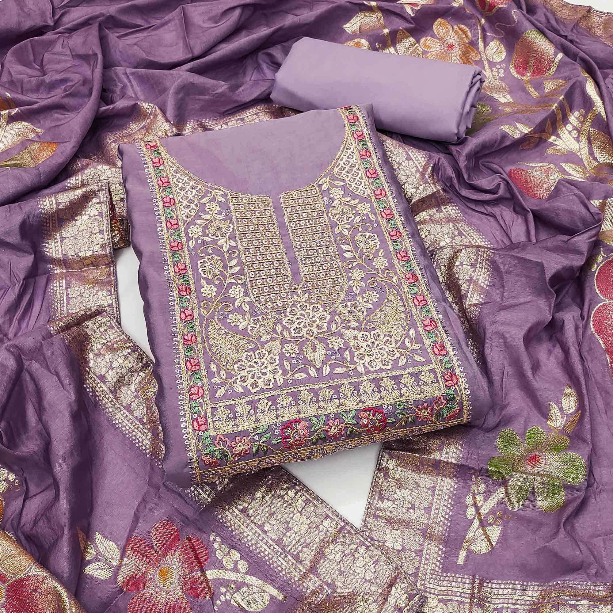 Peachmode Lavender Floral Sequins Embroidered Roman Cotton Silk Dress Material