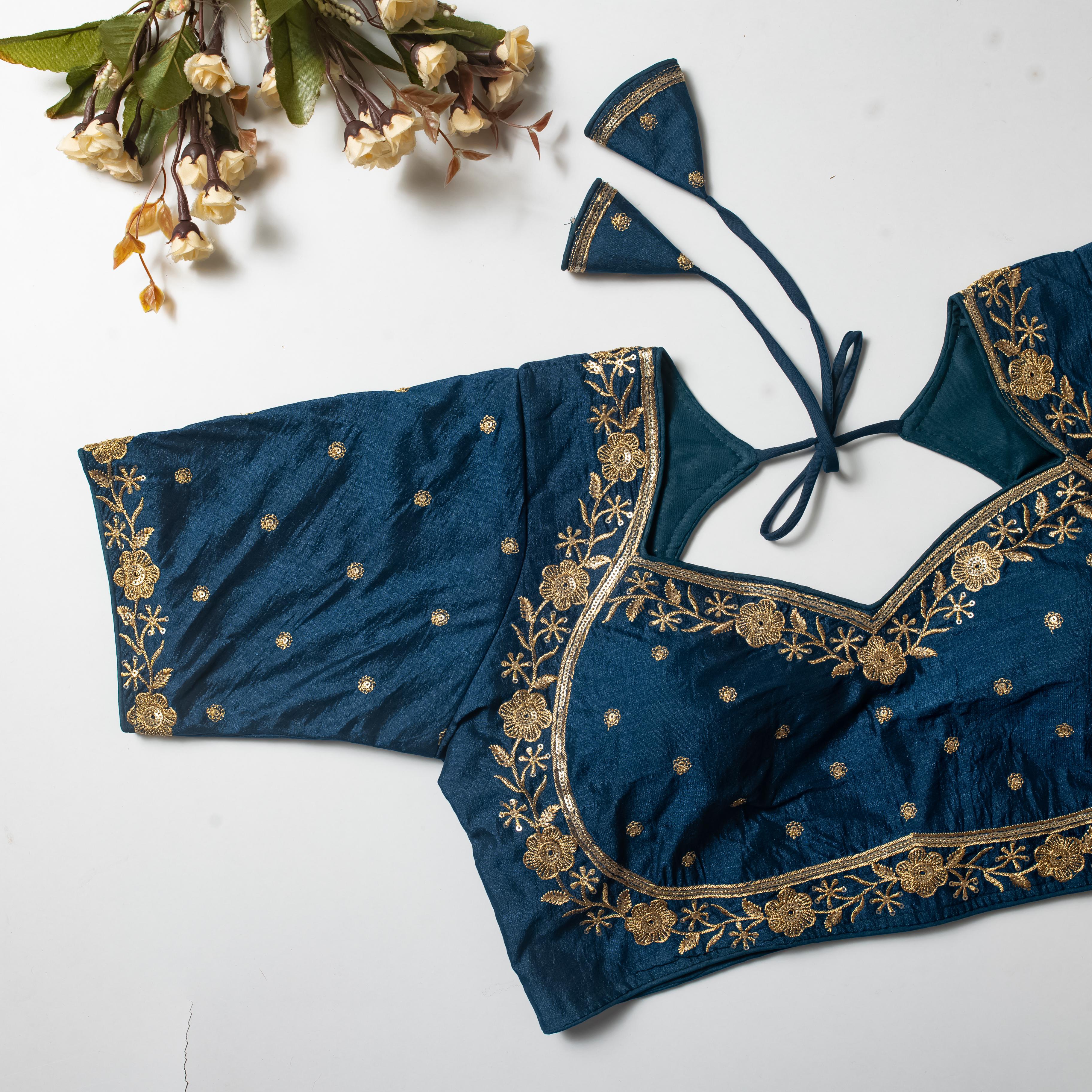 ClothsVilla Teal Blue Olive Silk Blouse with Golden Embroidery and Sequins