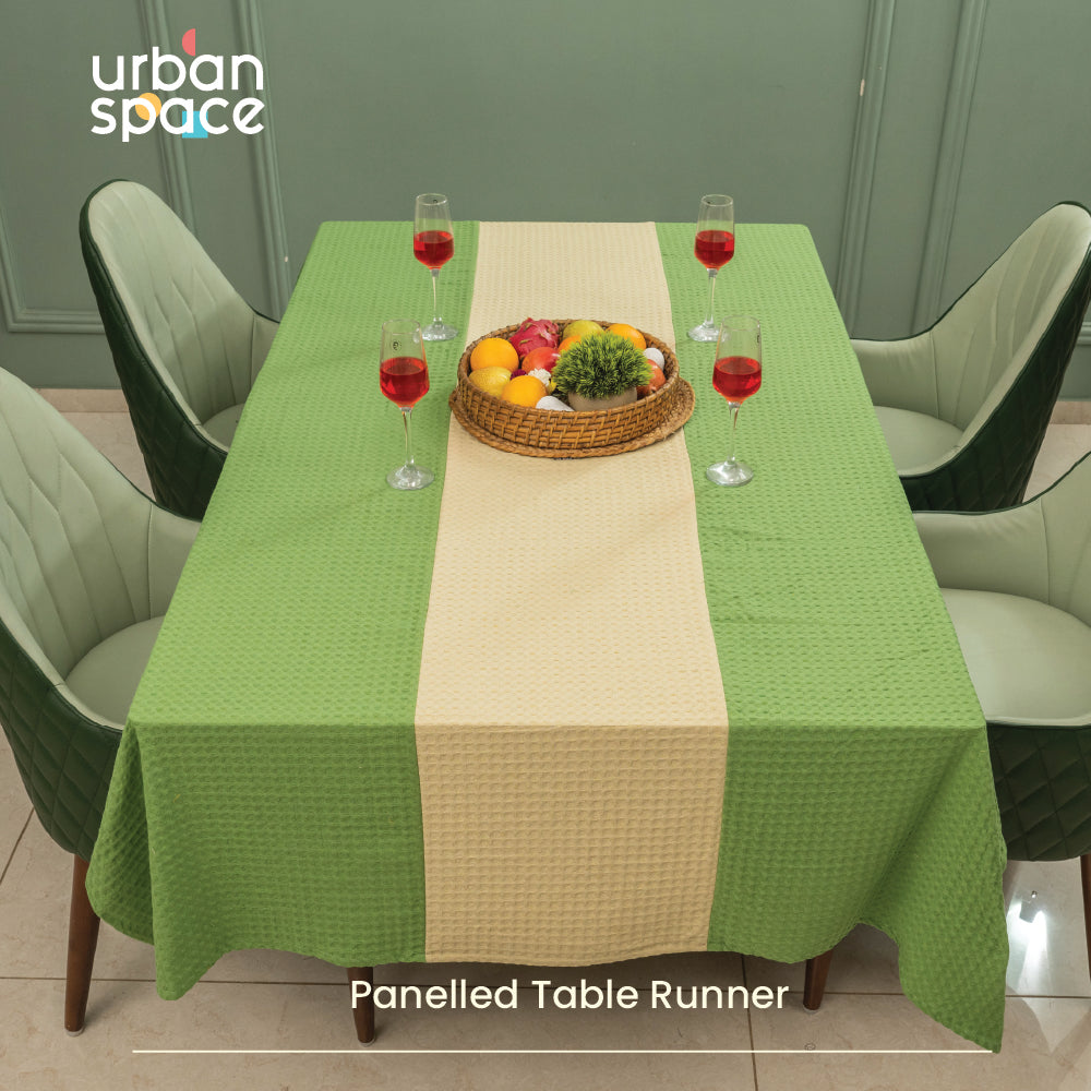 Urban Space Home Furnishing 100% Cotton Waffle Weave Dining Table Cover, Table Cloth with Panelled design - Sage Green & Beige - view 2