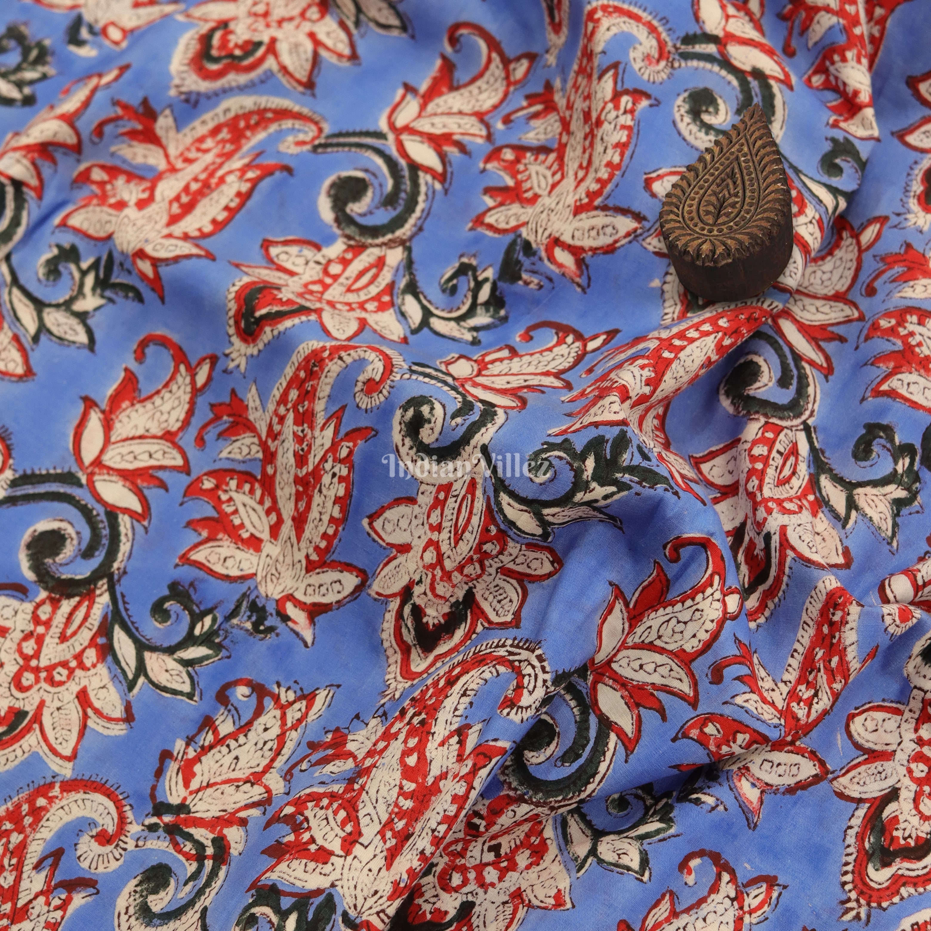 IndianVillèz Blue Multi Color Flower Motif Hand Block Printed Cotton Fabric