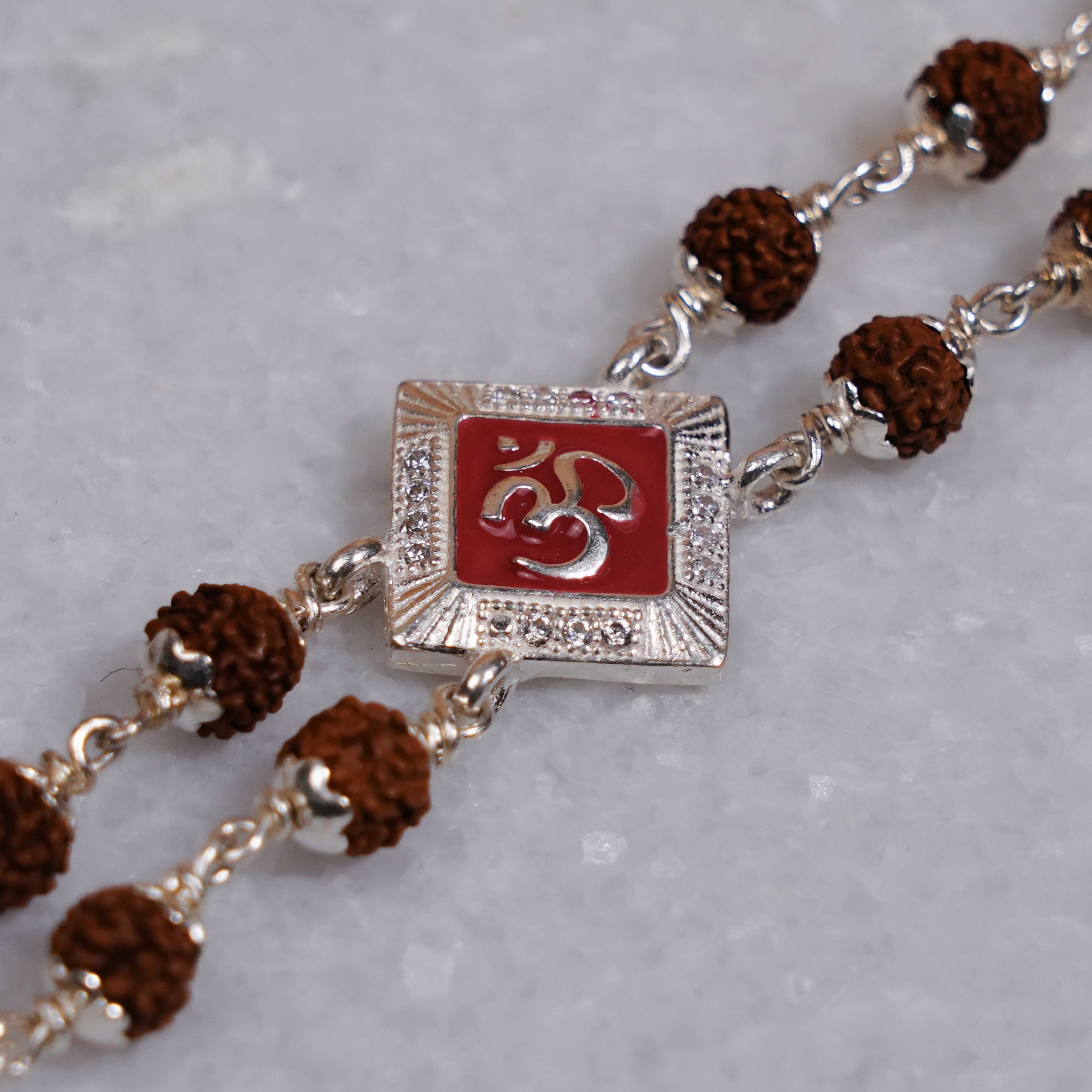 Prinjal Jewellers Rudraksha Silver Om Red-Col Double Line Bracelet