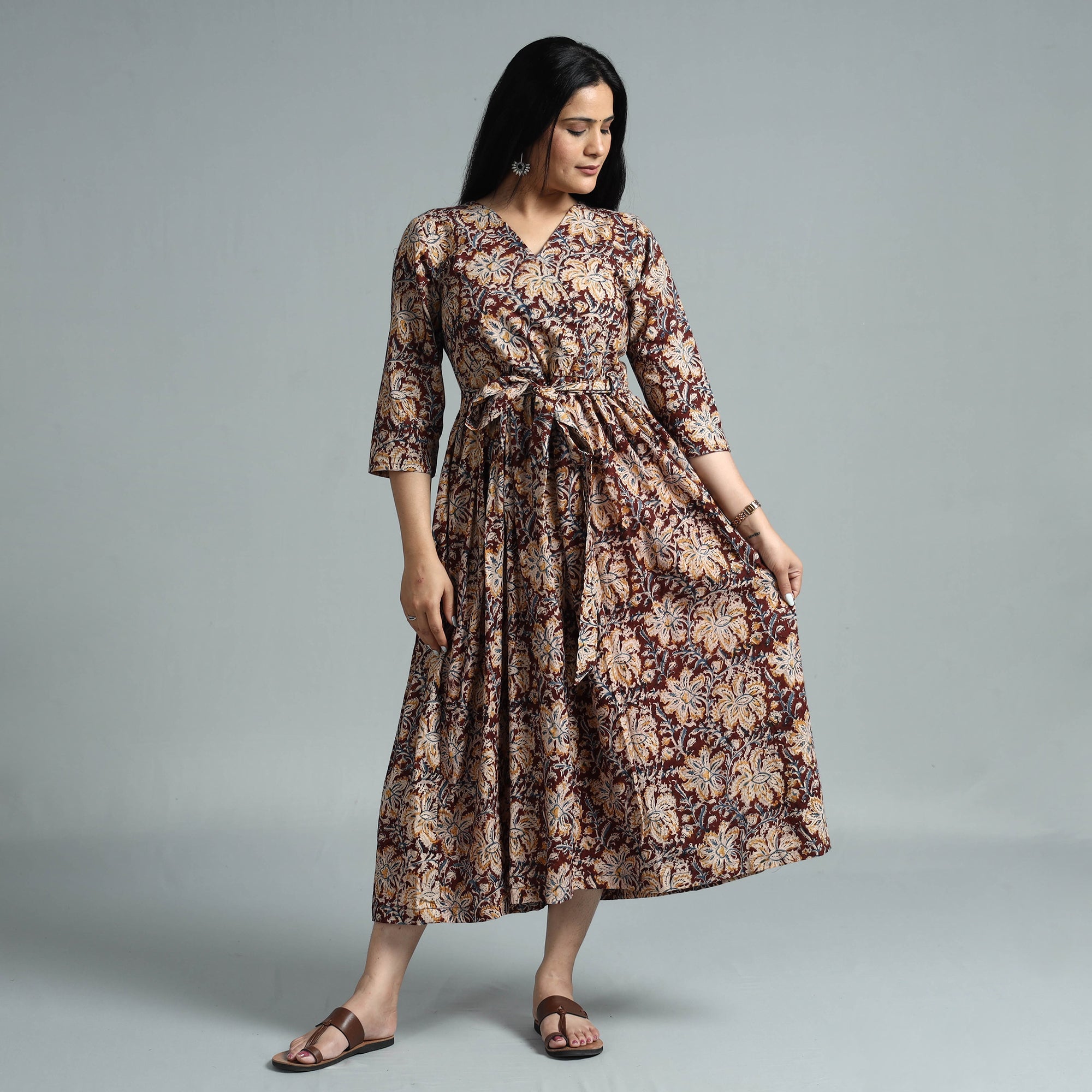ITOKRI CASUALS Brown - Kalamkari Block Printed Cotton Flared Gher Dress - view 2