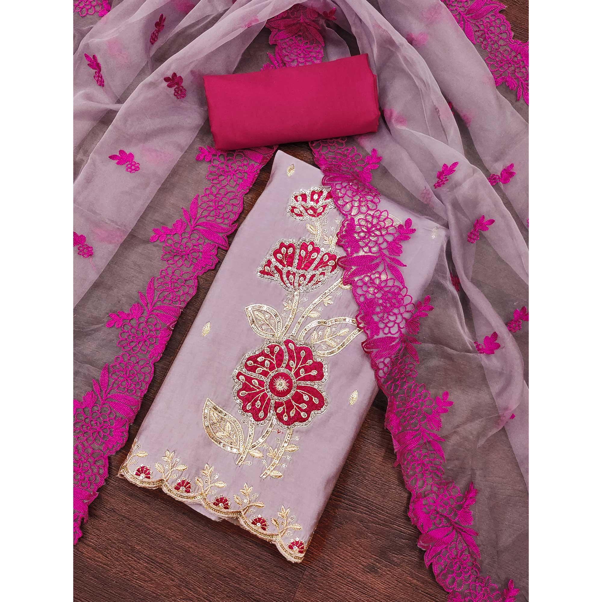 Peachmode Mauve Floral Hand Embroidered Cotton Silk Dress Material - view 3