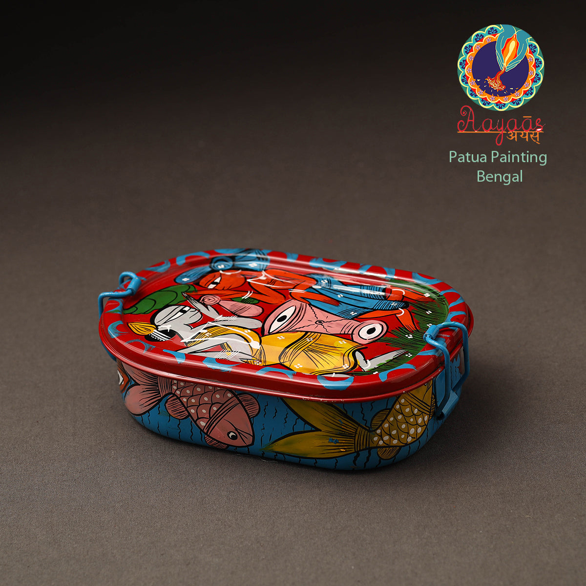 AAYAAS Bengal Patua Handpainted Stainless Steel Rectangle Lunch Box (6 x 4 in)