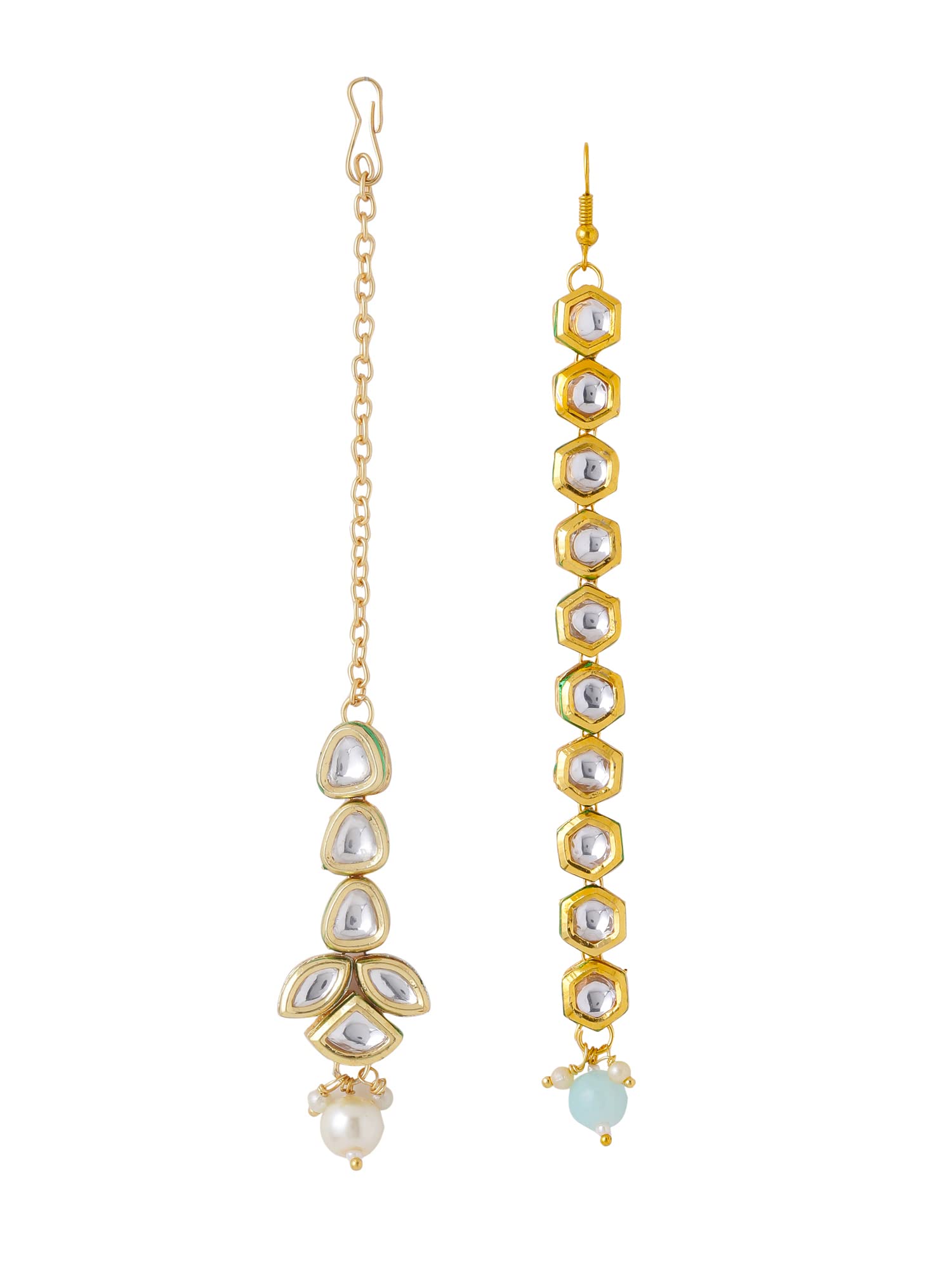 Yellow Chimes Maangtikka for Women Gold Toned 2 Pcs of Kundan Studded Single Line Designed Pink Pearl Drop Maangtikka for Women and Girls