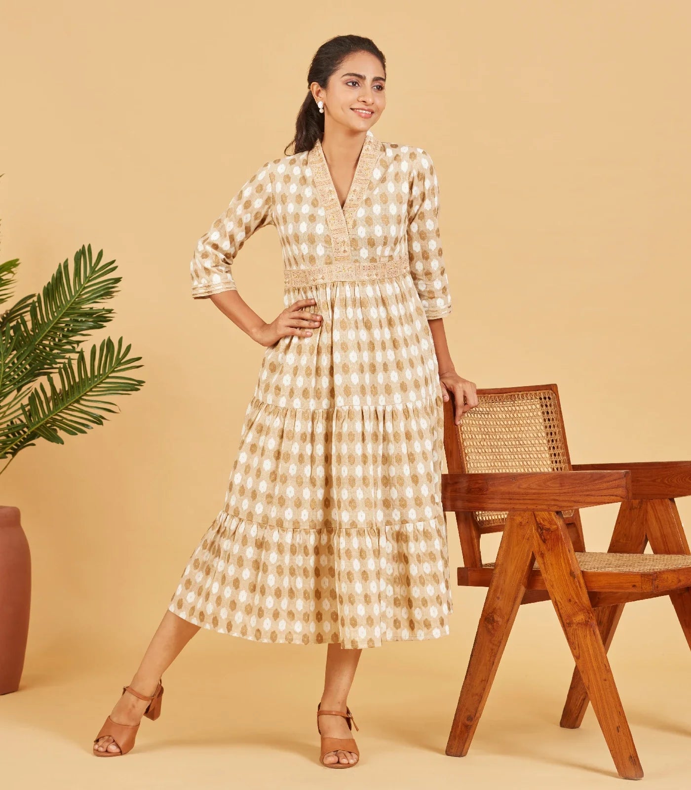 RmKV Silks Beige And Gold Embroidered Dress