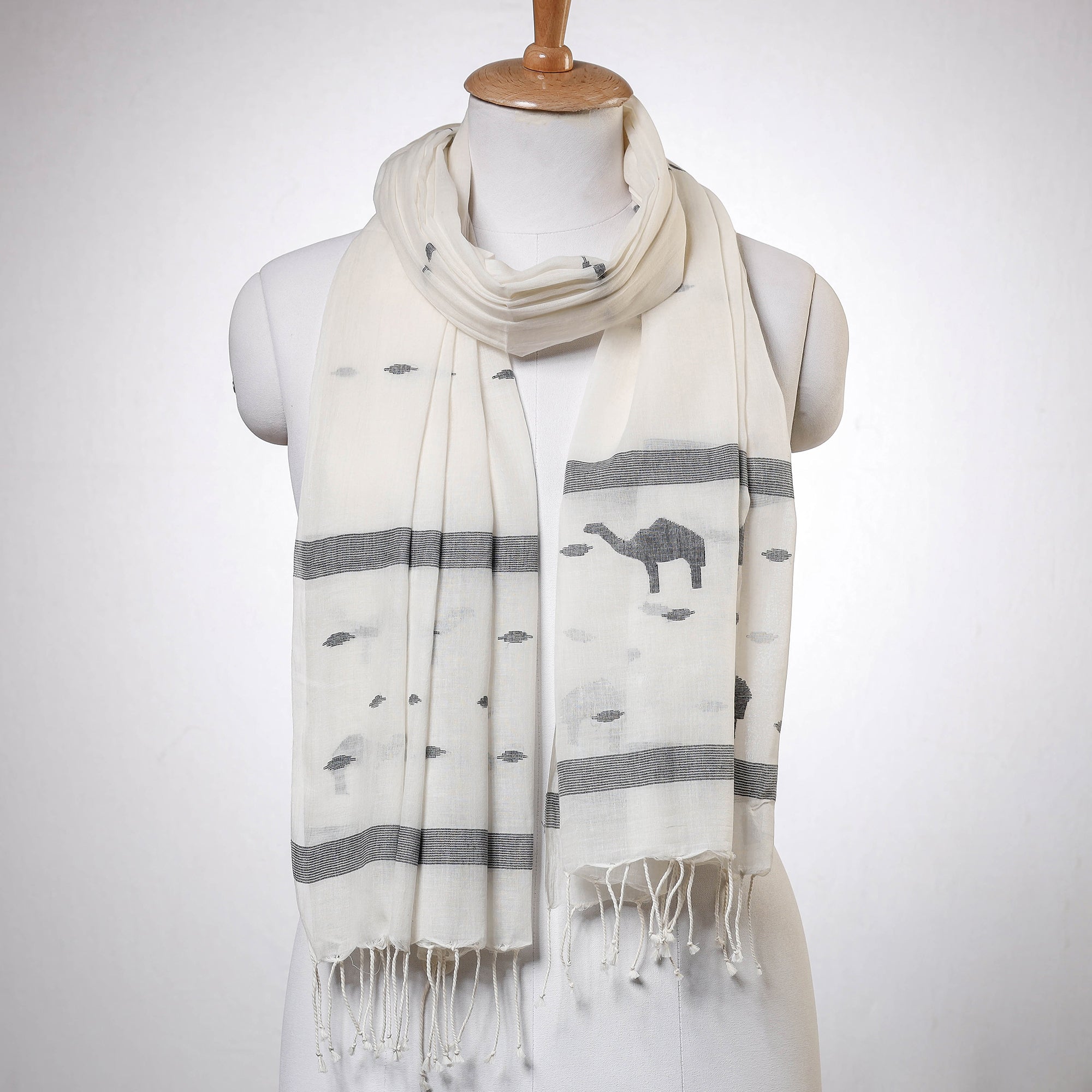 SASHA Beige - Phulia Jamdani Handloom Cotton Stole with Tassels