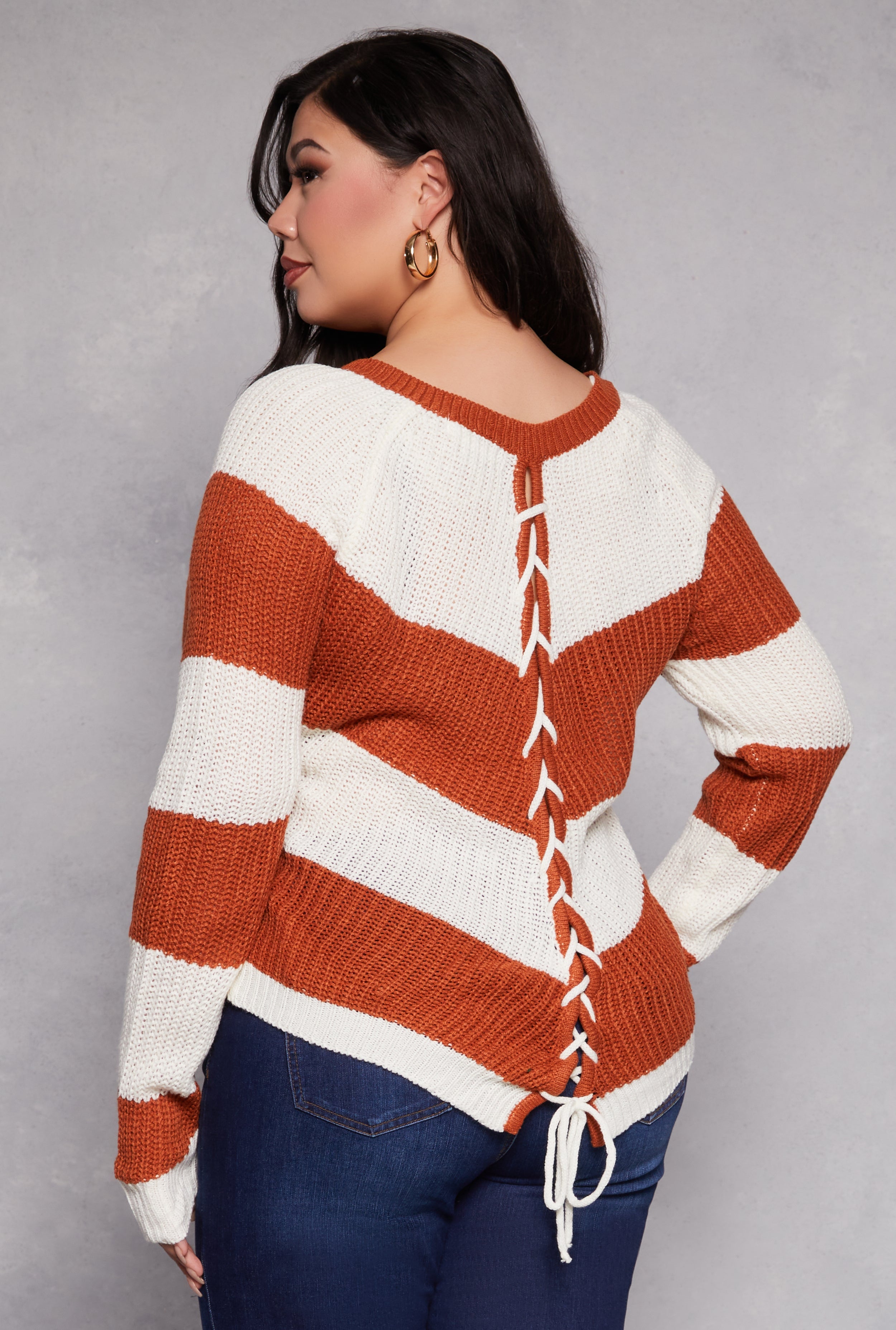 Rainbow Shops Plus Size Chevron Knit Lace Up V Neck Sweater - view 3