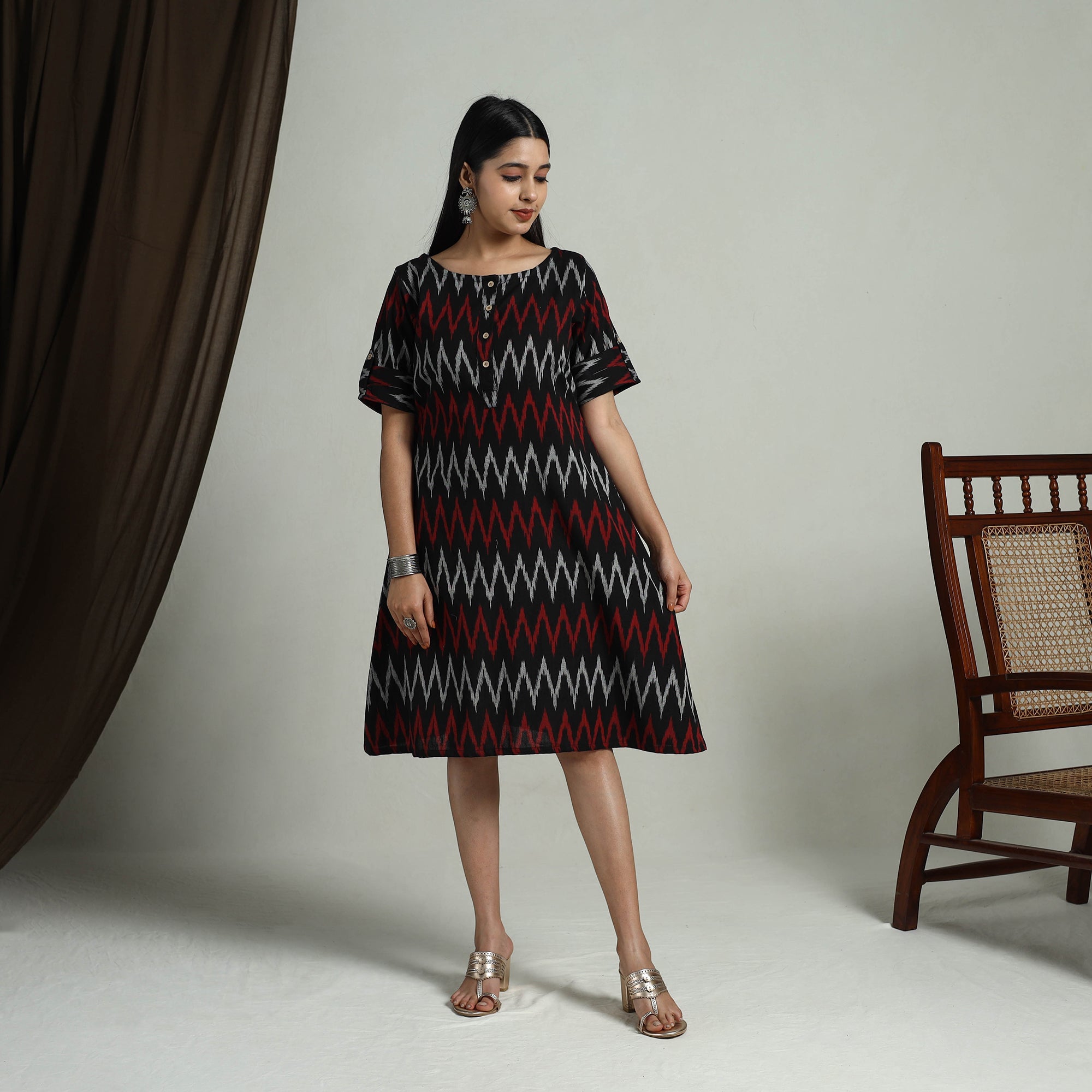 ITOKRI CASUALS Black - Flared Cotton Short Pochampally Ikat Dress 06 - view 2