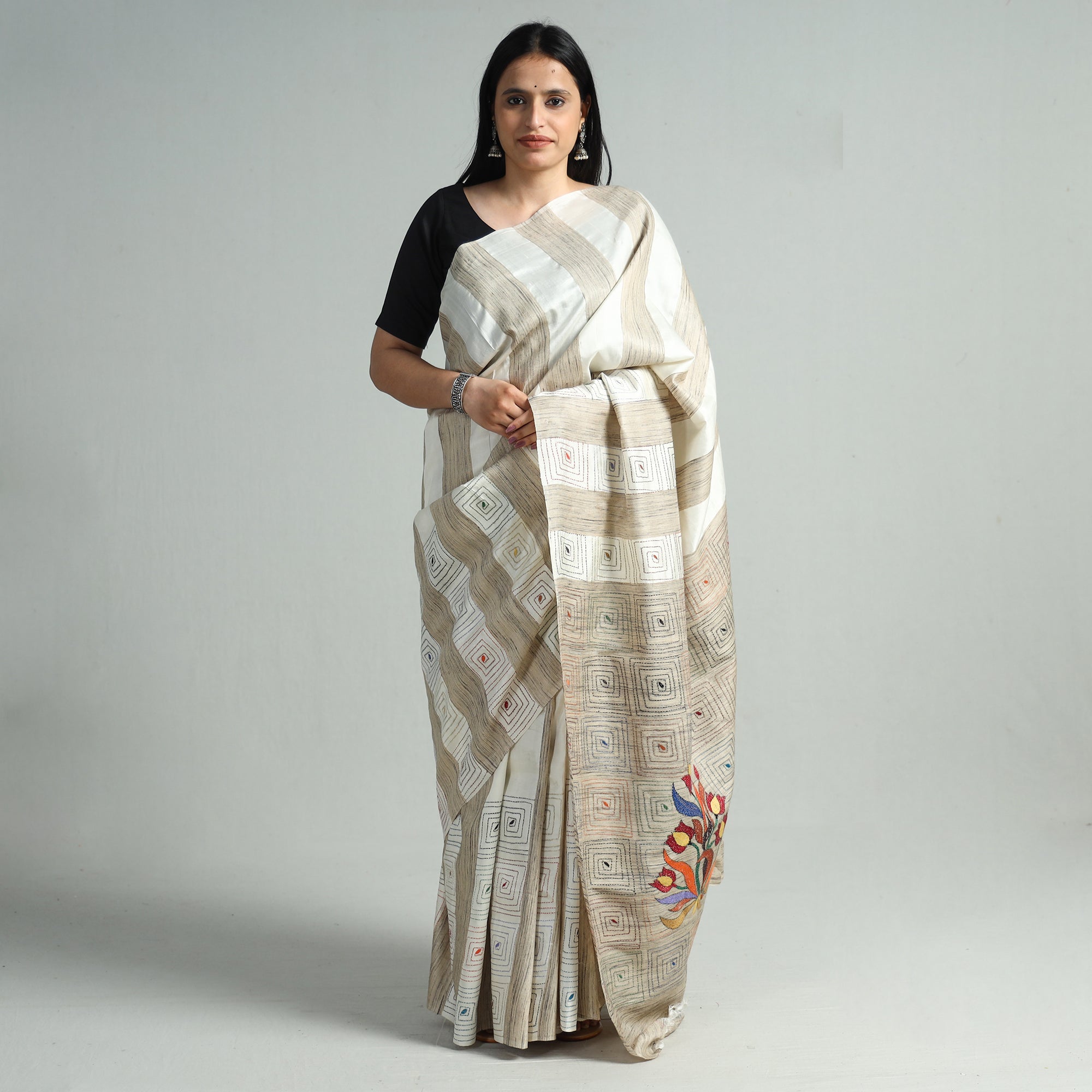KHUSHBASH - HAPPY LOOM OF EAST Beige - Bengal Kantha Hand Embroidery Pure Ghicha Silk Handloom Saree 137