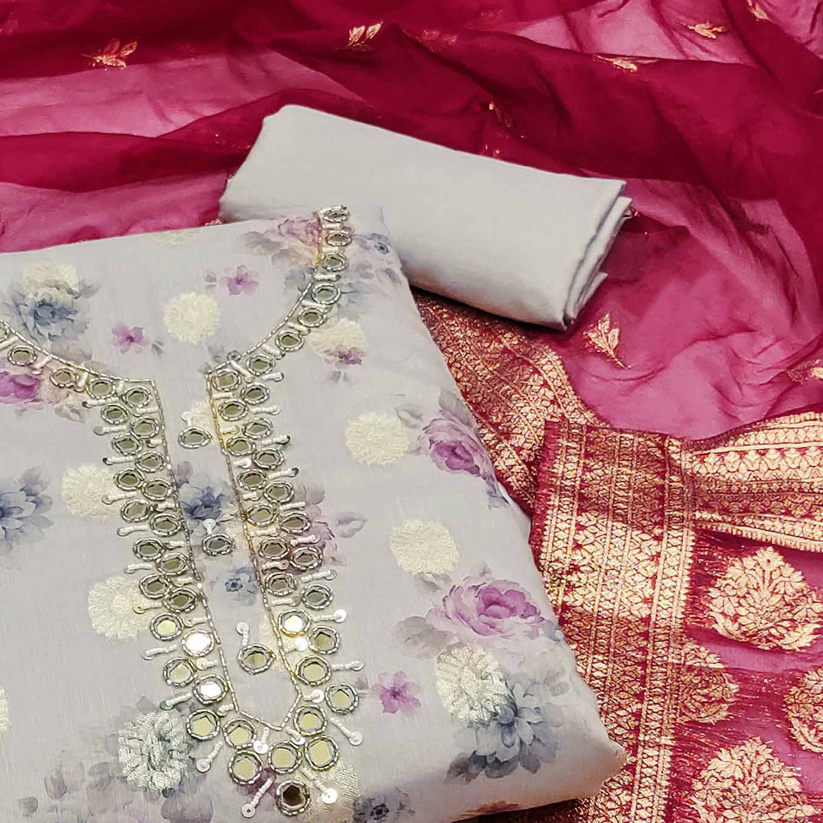 Peachmode Grey Woven With Digital Printed Chanderi Silk Dress Material - view 2