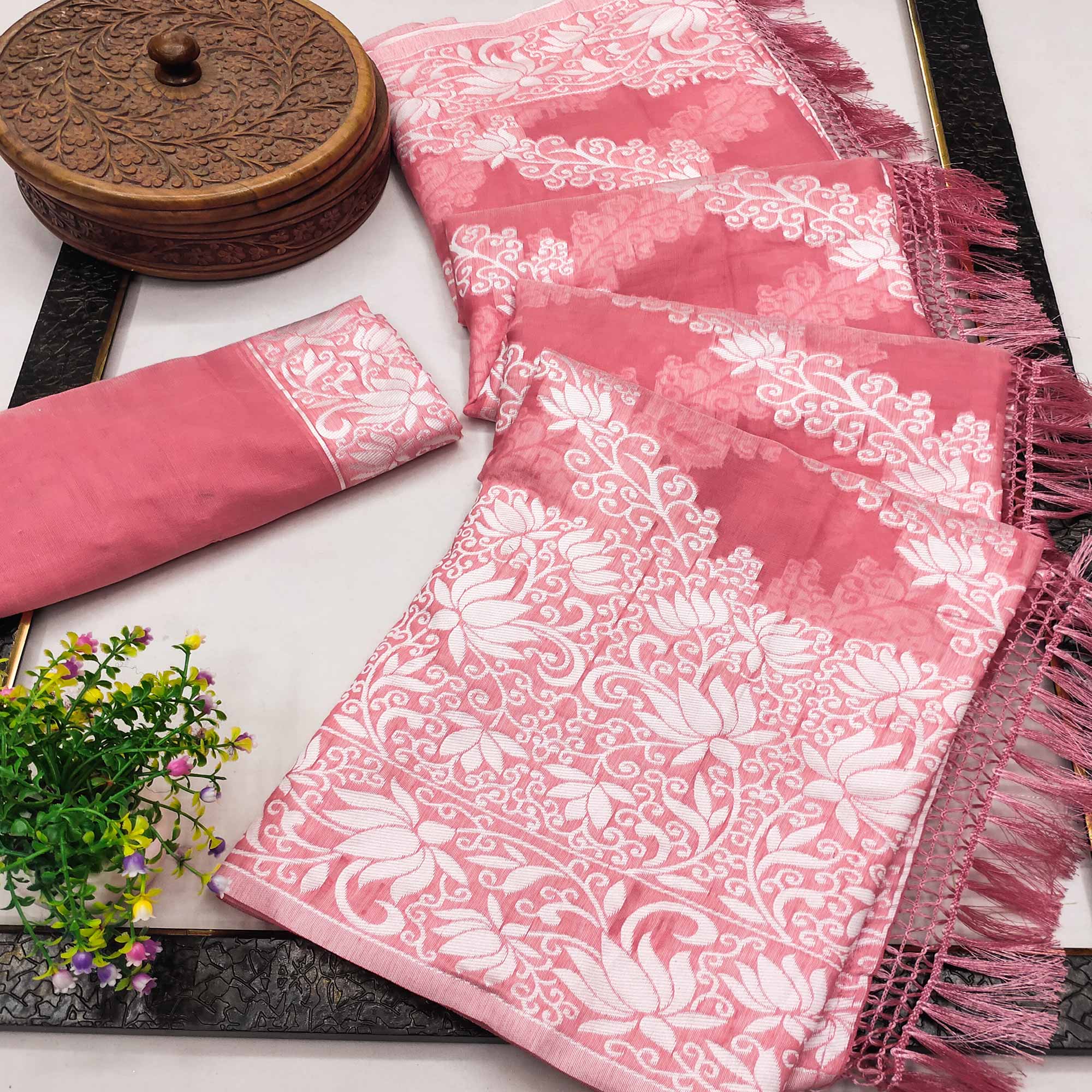 Peachmode Gajari Pink Floral Woven Banarasi Silk Saree With Tassels