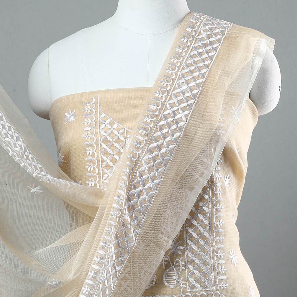 ITOKRI CRAFTS INITIATIVE Beige - 3pc Kota Doria Cotton Embroidered Suit Material Set 12 - view 3