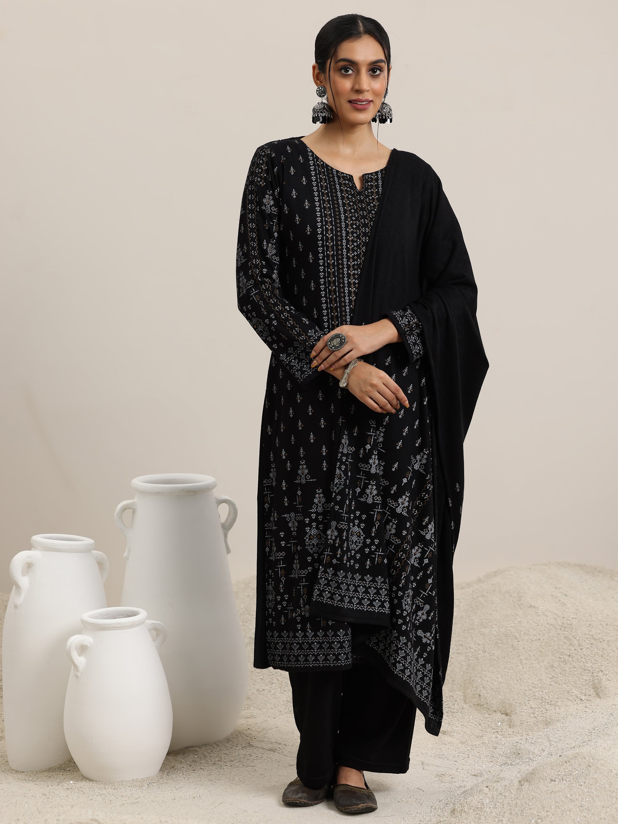 Libas Black Woven Design Wool Blend Straight Suit With Dupatta