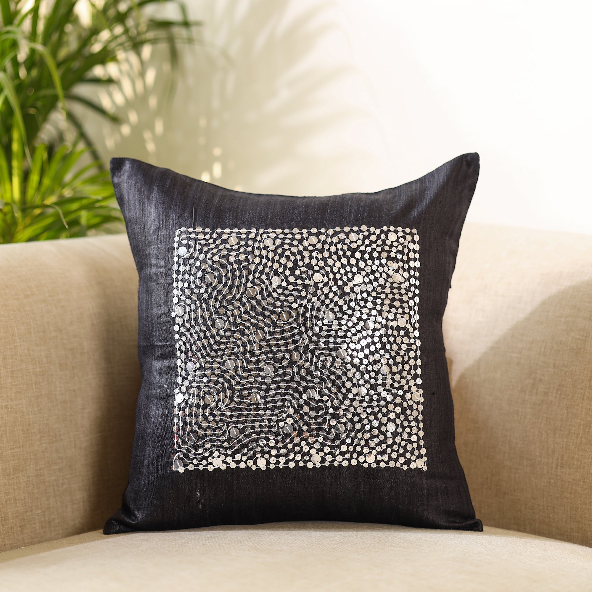 CHHATTISGARH HASTSHILP VIKAS BOARD Black - Aari Embroidery Sequin Work Ghicha Silk Cushion Cover (16 x 16 in)