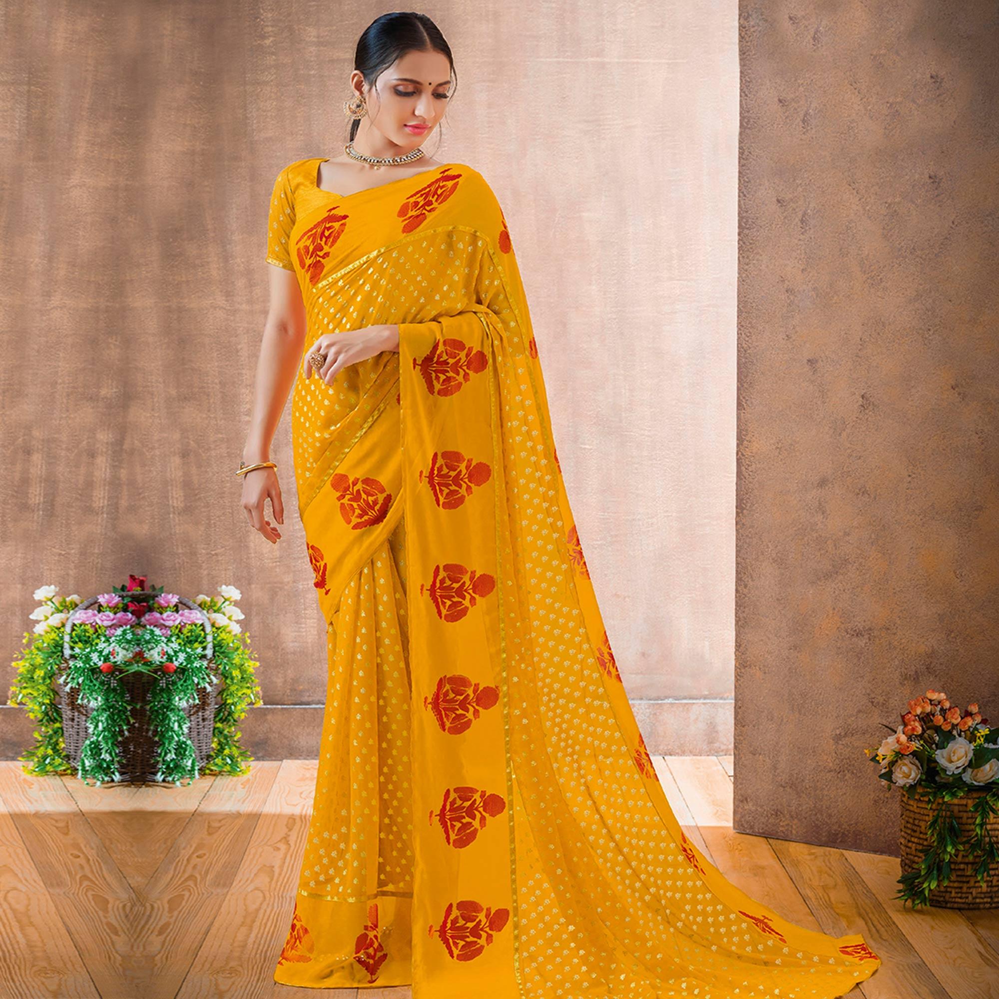 Peachmode Charming Yellow Colored Festive Wear Foil Printed Georgette Saree