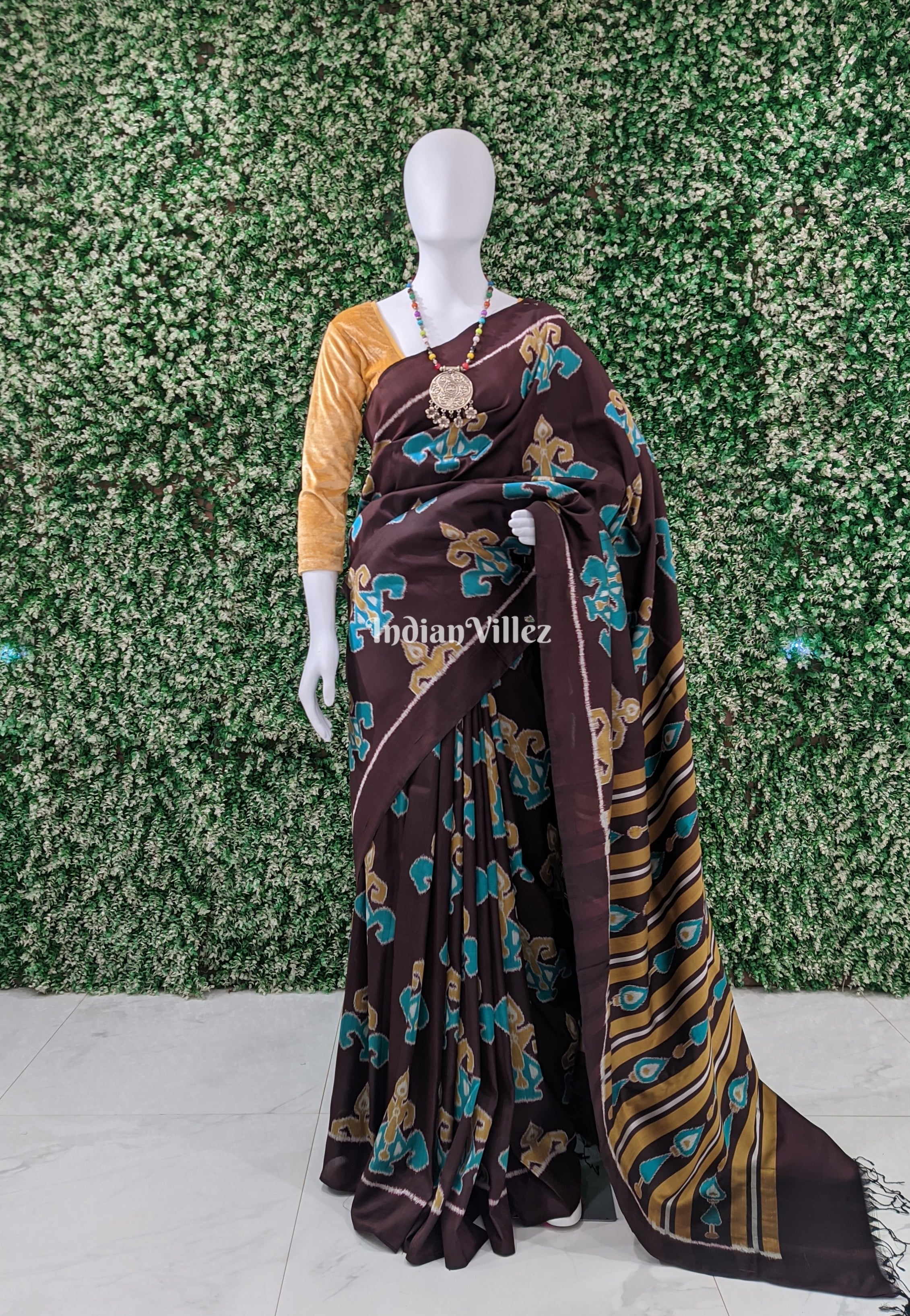 IndianVillèz Chocolate Brown Odisha Ikat Contemporary Silk Saree