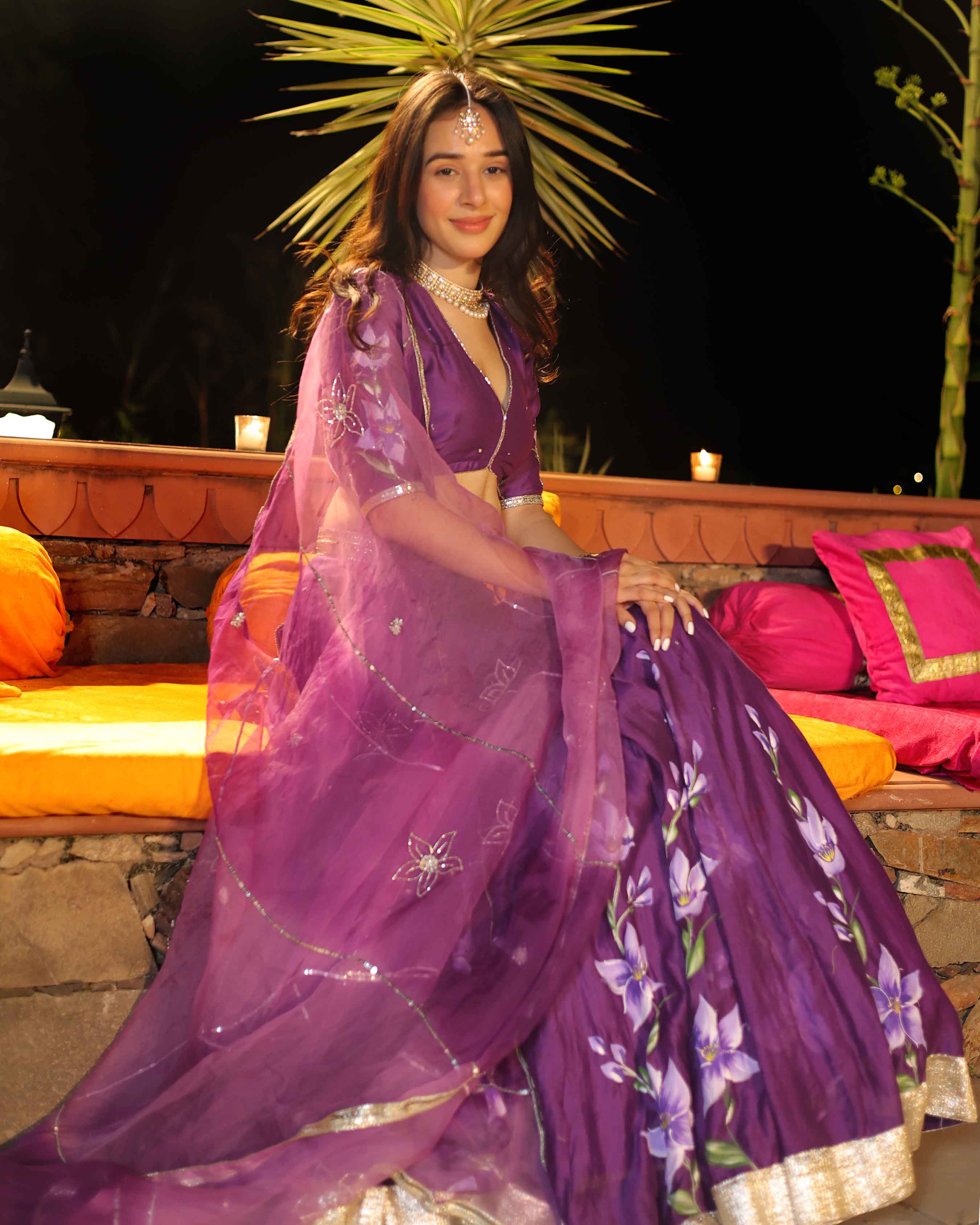 Aachho Purple Whisper Handpainted Chanderi Lehenga Set - view 8