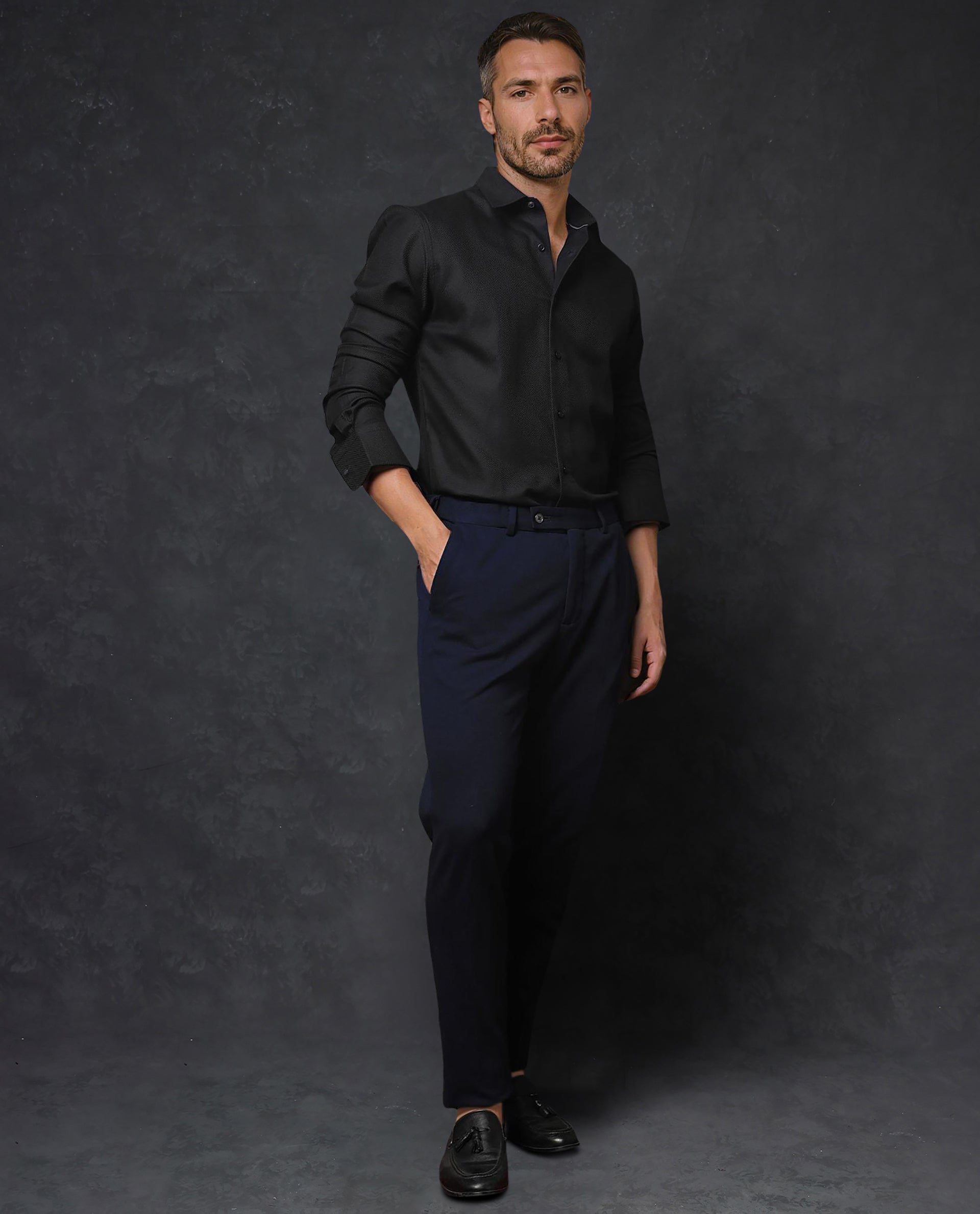 Rare Rabbit Men's Cosa Black Cotton Fabric Full Sleeves Solid Shirt - view 2