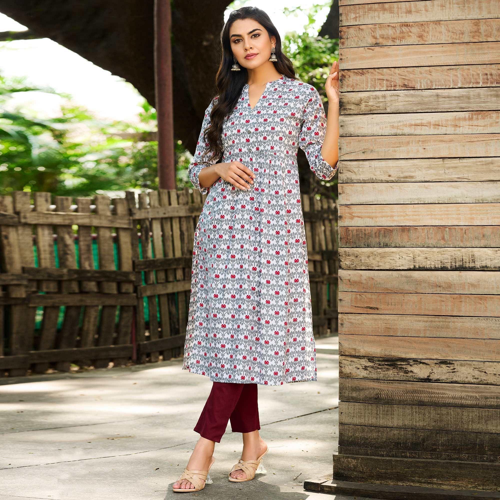 Peachmode Seller Grey-White Casual Wear Floral Printed Pure Cotton Kurti