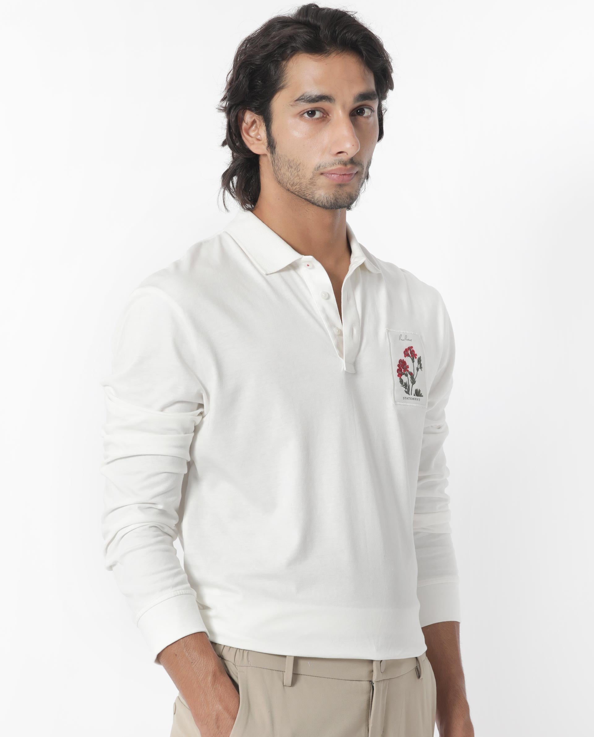 Rare Rabbit Men's Raz Off White Collared Neck Statement Chest Label Full Sleeve Polo T-Shirt - view 9