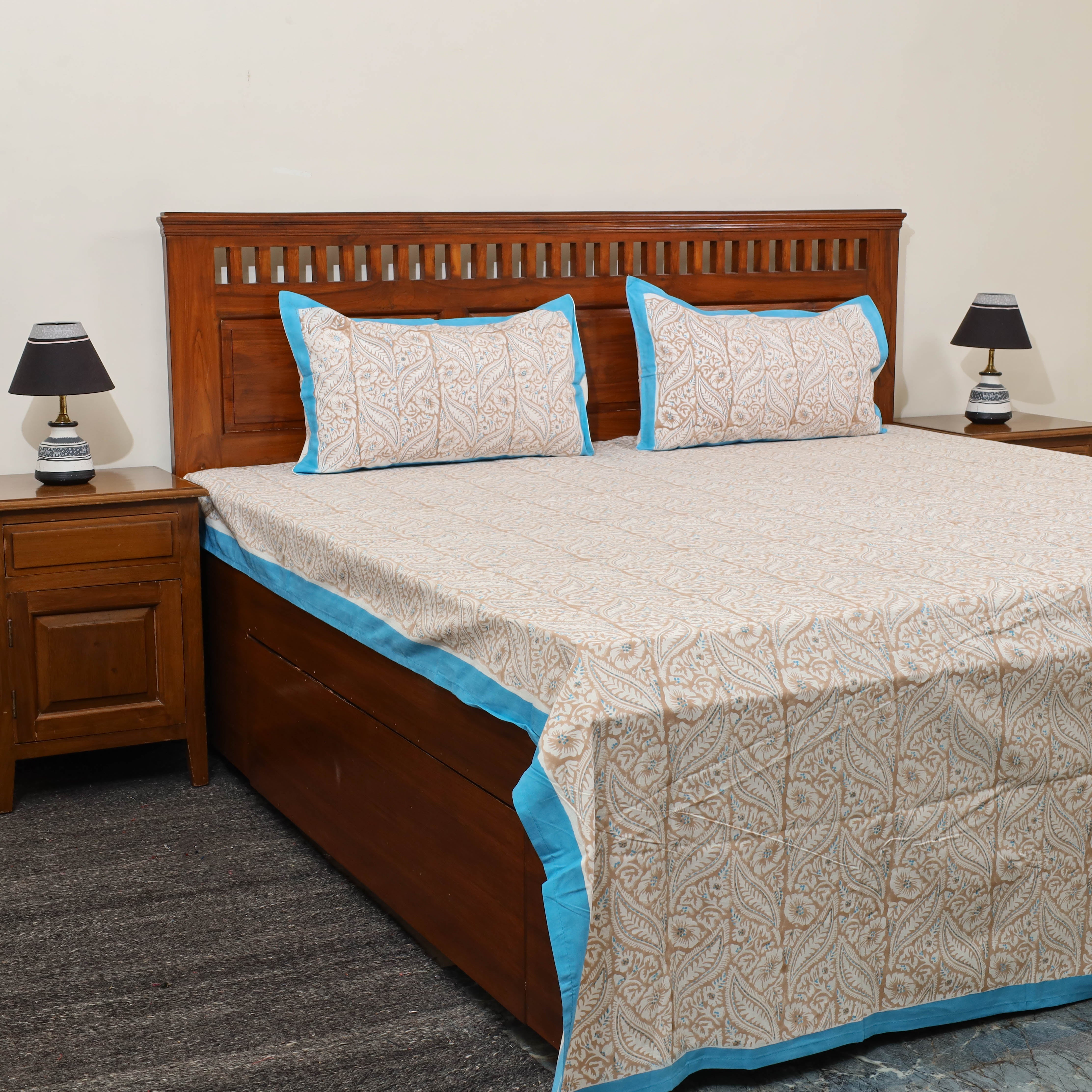 ARTISAN HAND BLOCK PRINTS Beige - Pure Cotton Double Sanganeri Print Bed Sheet 09