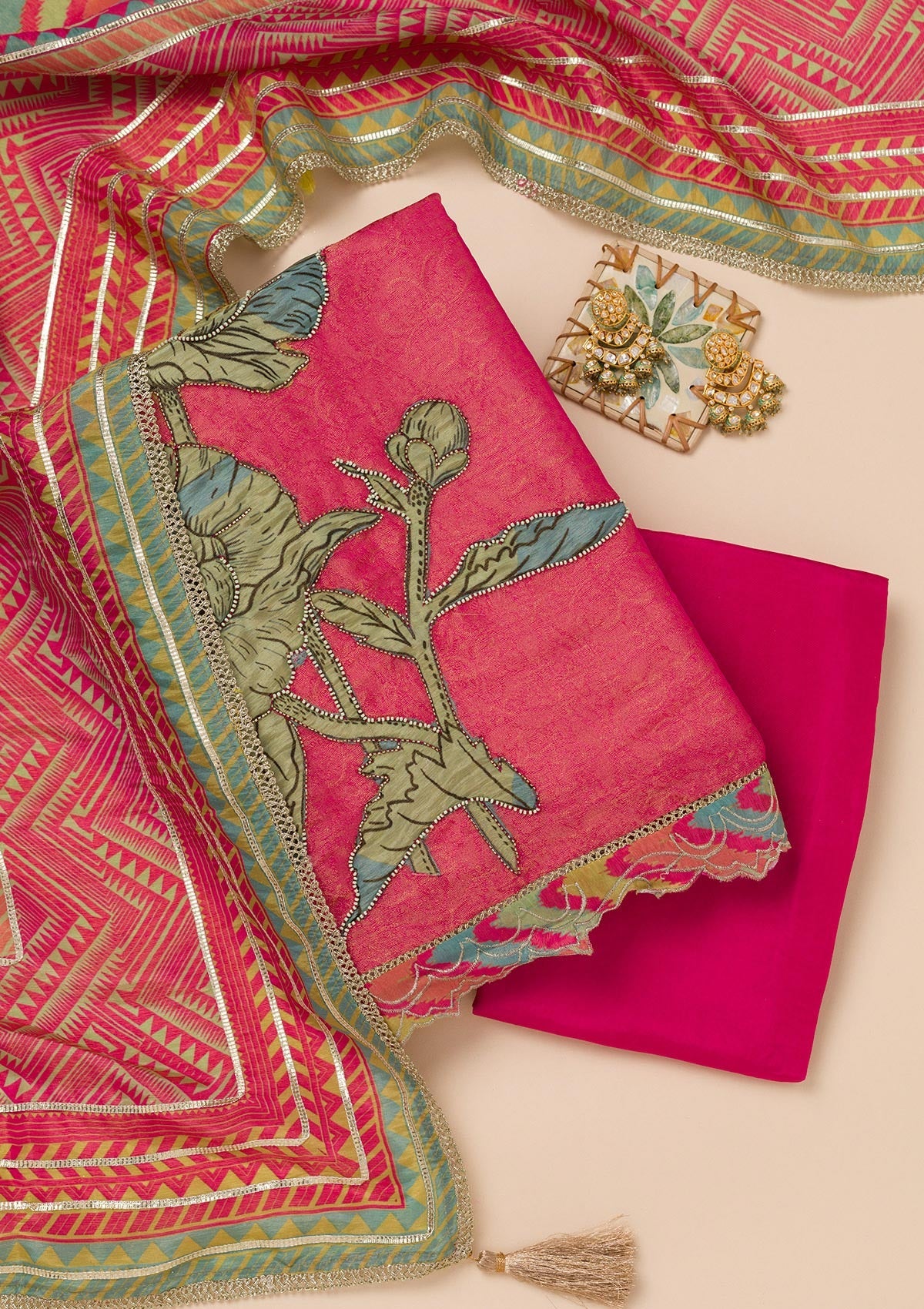 Koskii Pink Printed Semi Crepe Unstitched Salwar Suit