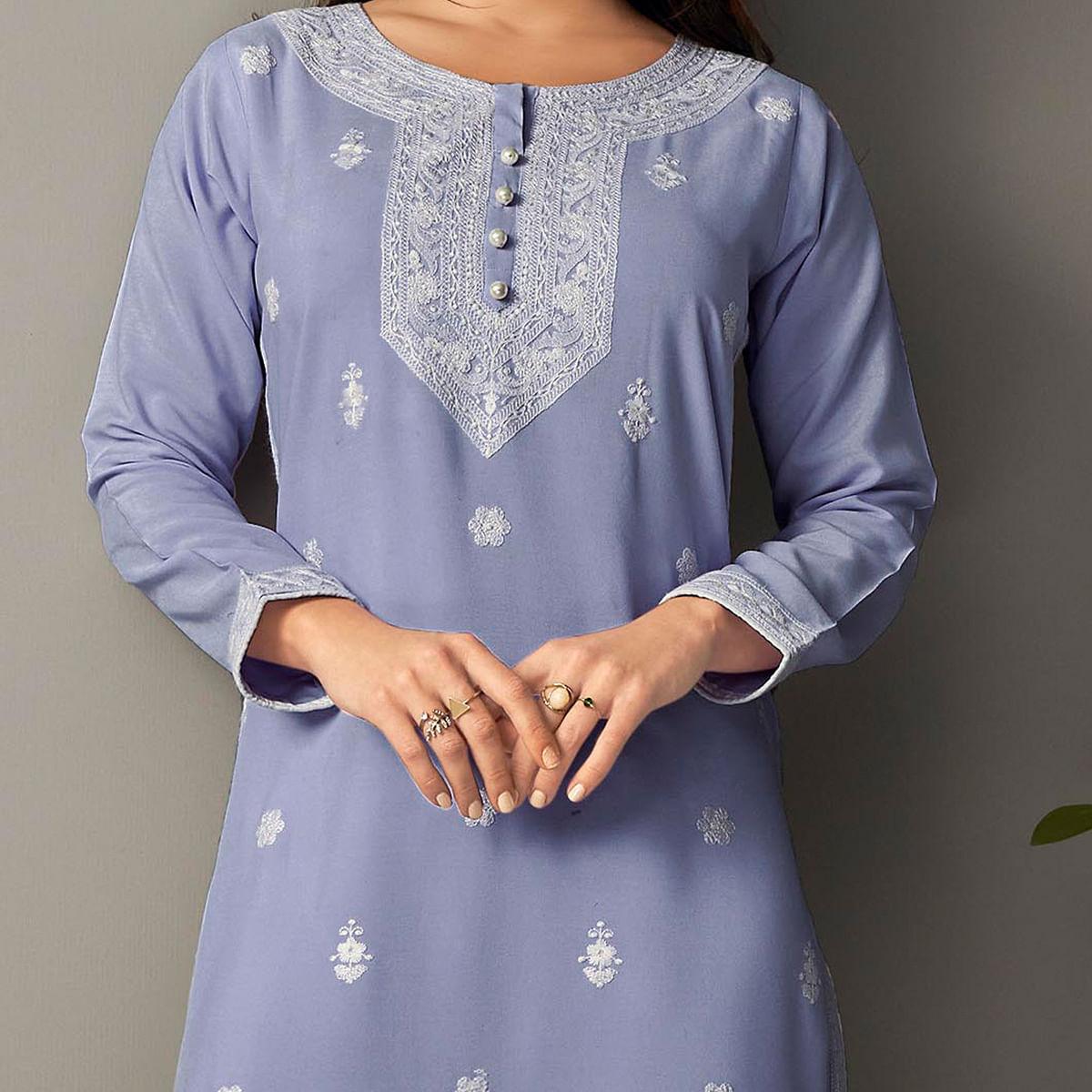 Peachmode Seller Captivating Lavendar Colored Casual Wear Embroidered Pure Rayon Viscose Kurti - view 4