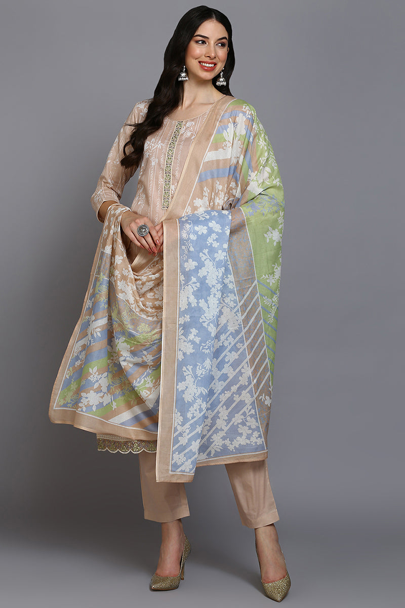 Ahika Nude Cotton Floral Straight Suit Set VKSKD1882