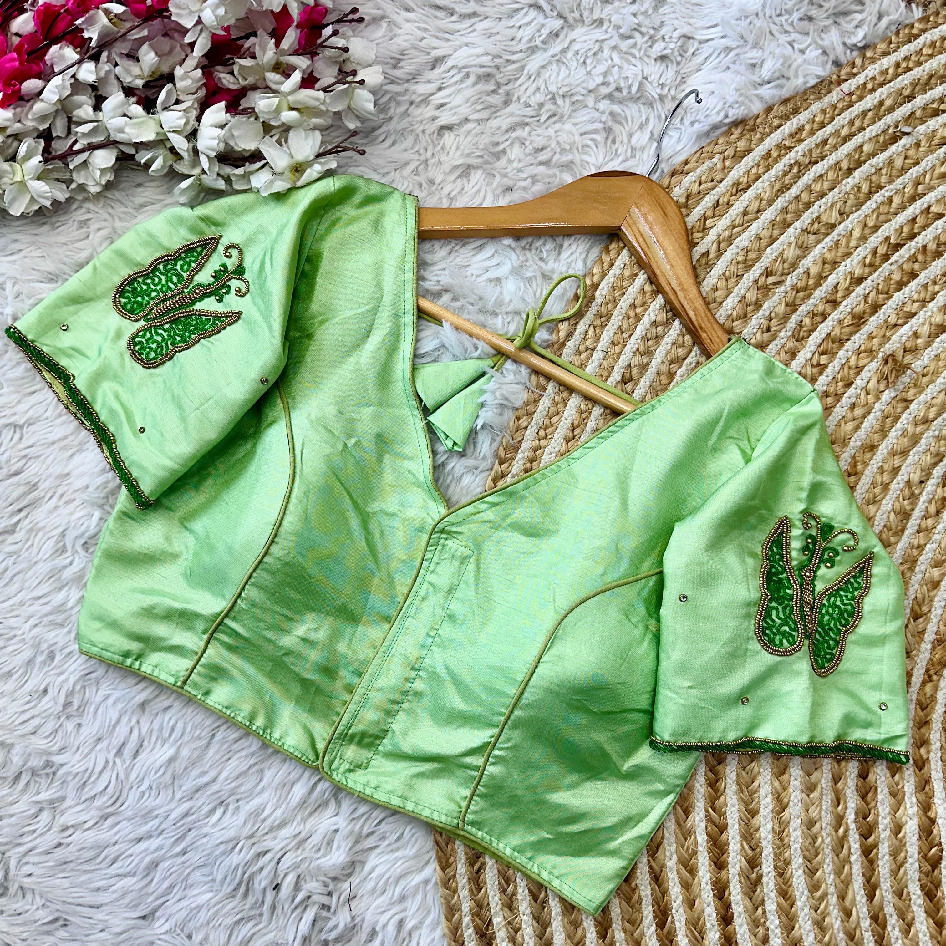 ClothsVilla Pista Green Color Handcrafted Wedding Blouse Collection in Mayo Silk