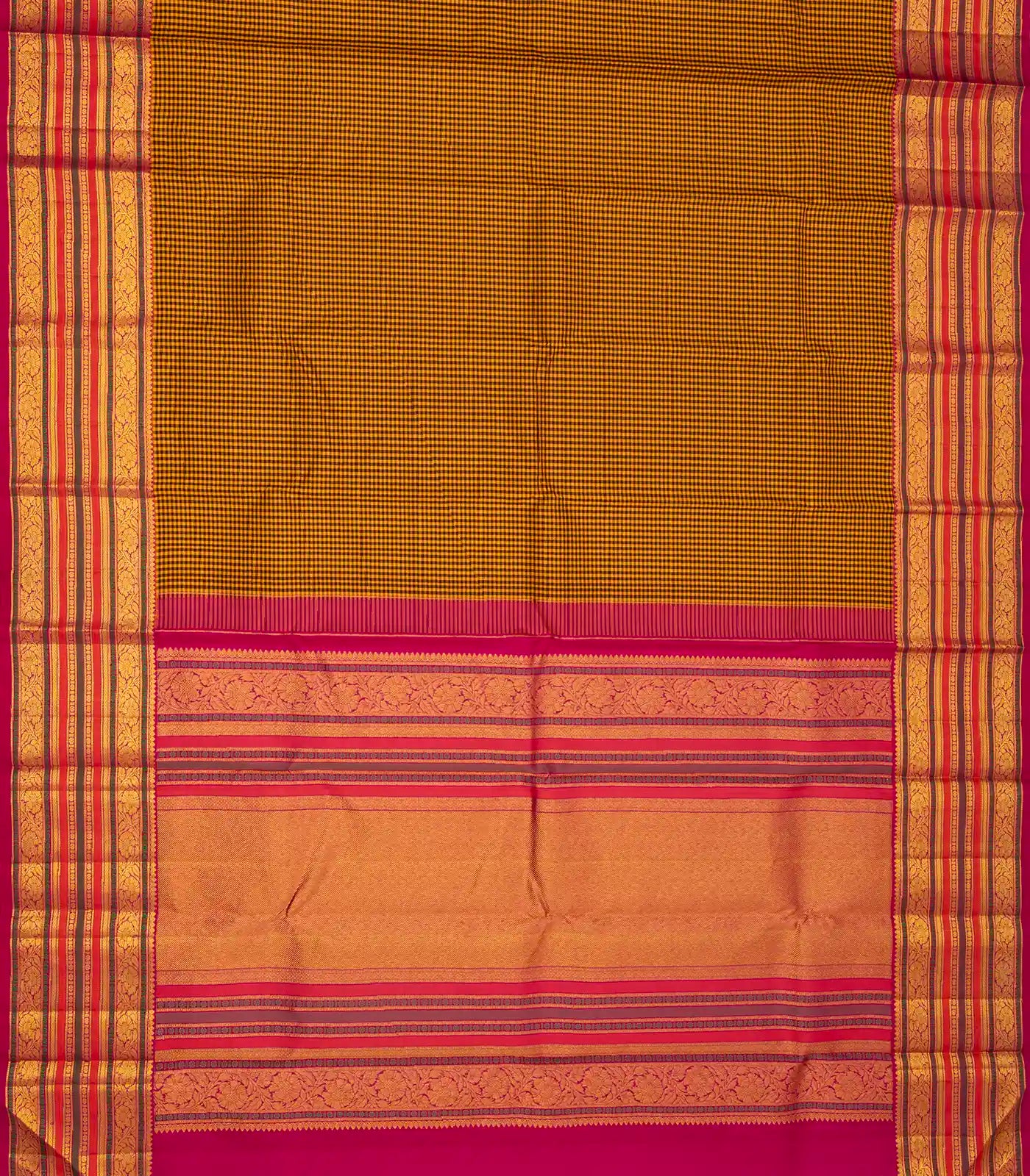 RmKV Mustard Handloom Kanchipuram Korvai Silk Saree With Checks - view 2
