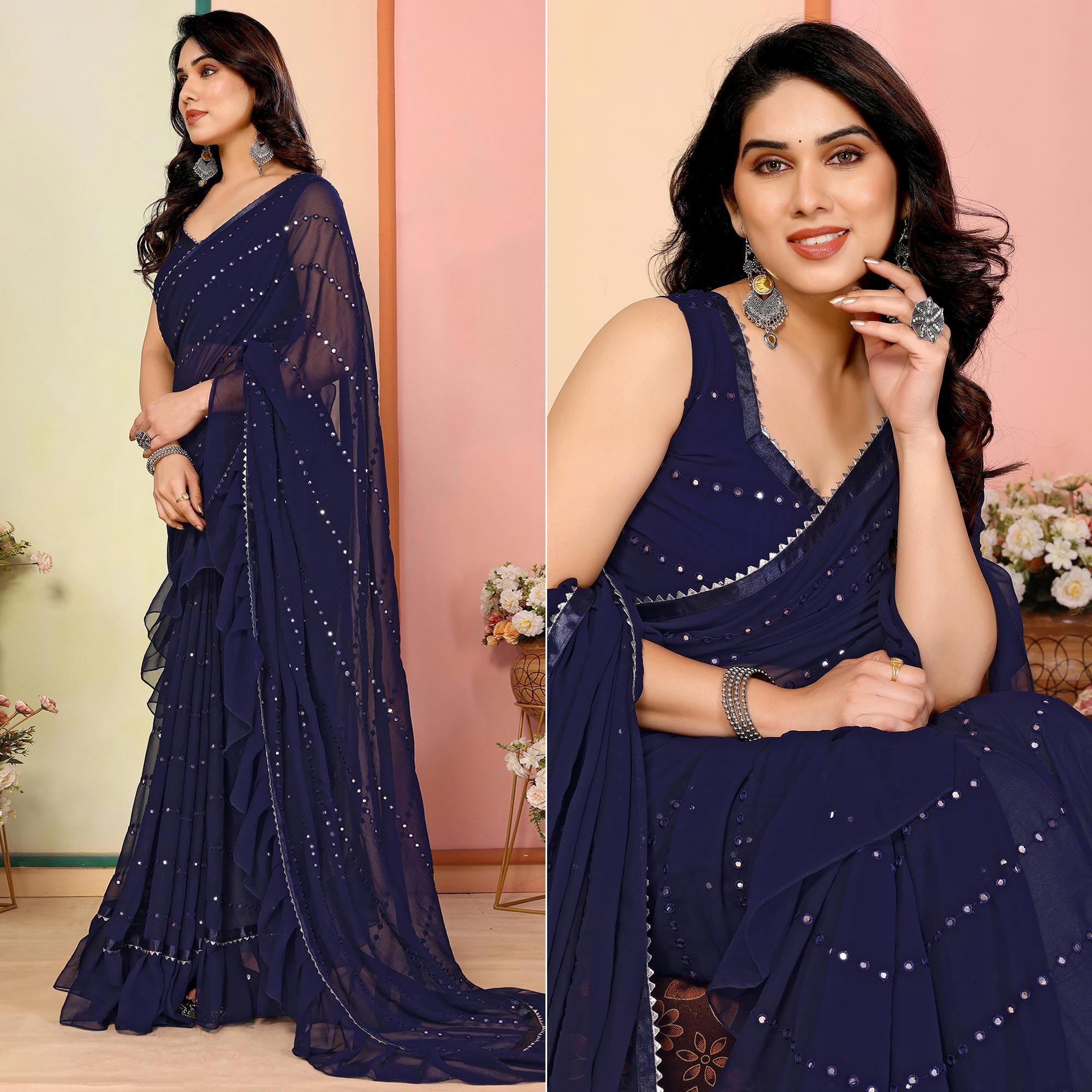 Peachmode Dark Blue Mirror Work Embroidered Georgette Saree With Ruffle Border