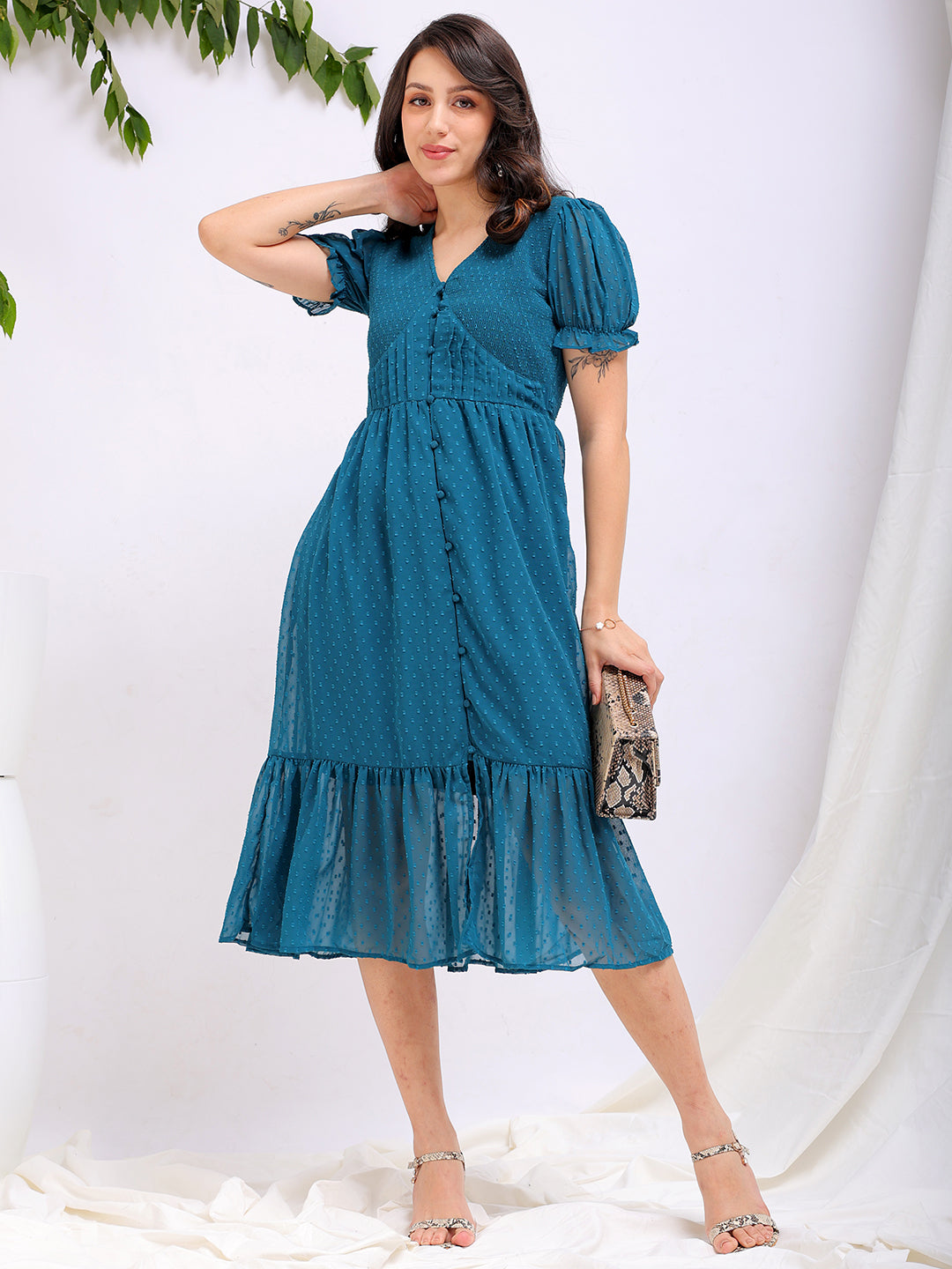 Freehand by The Indian Garage Co Women's Teal Fit and Flare Textured V neck Tiered Dress - view 2